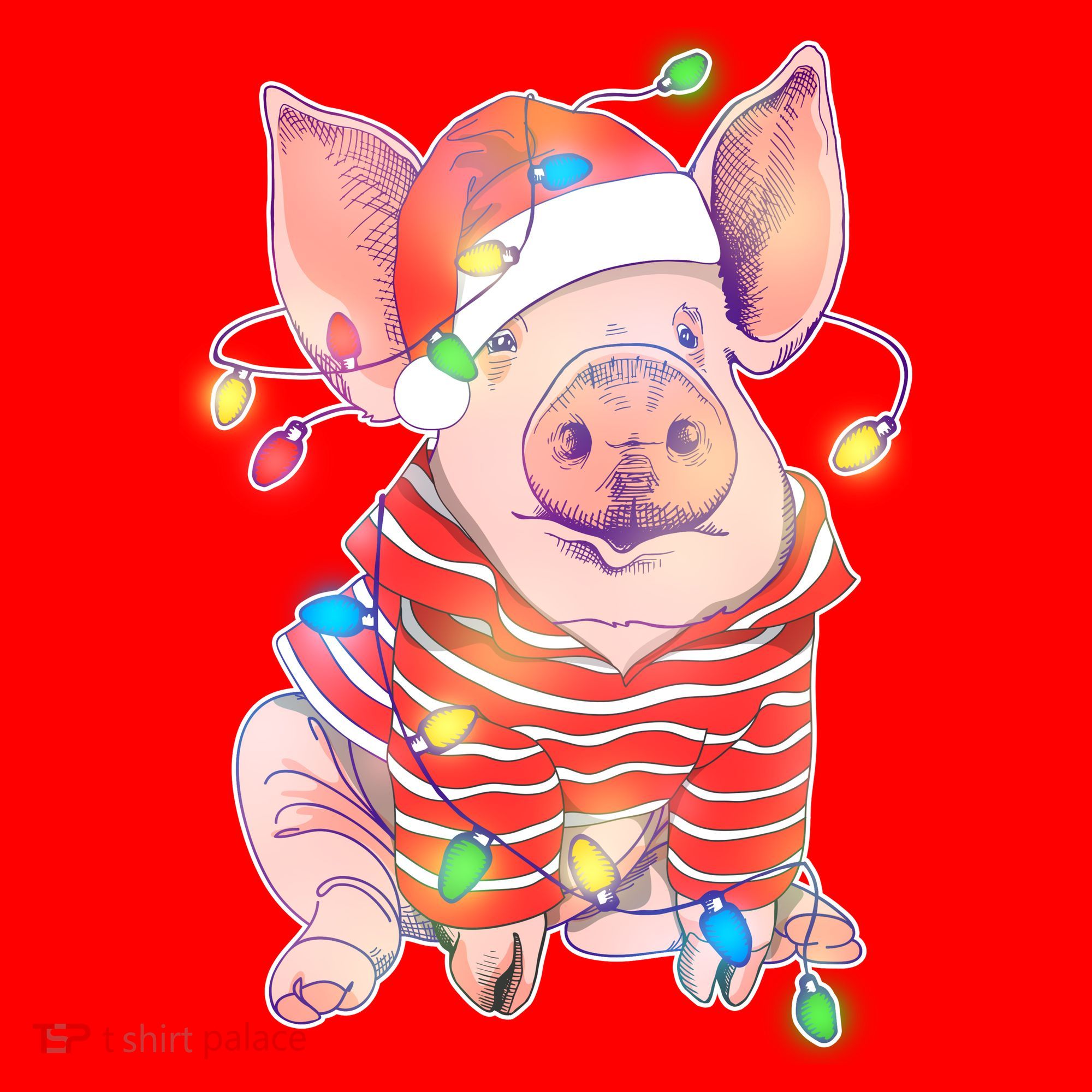 Christmas Lights Pig Santa Hat