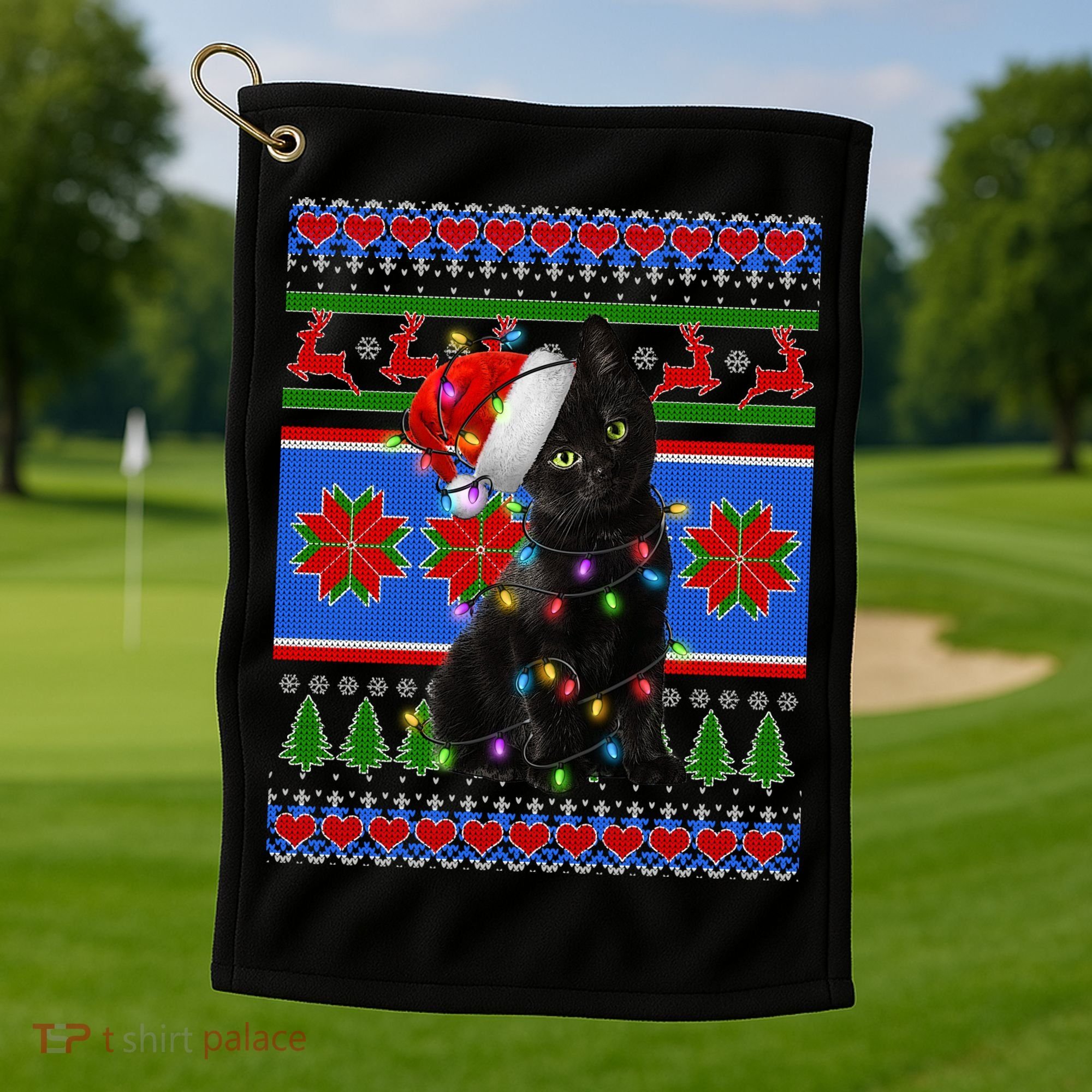 Christmas Lights Santa Cat Ugly Golf Towel