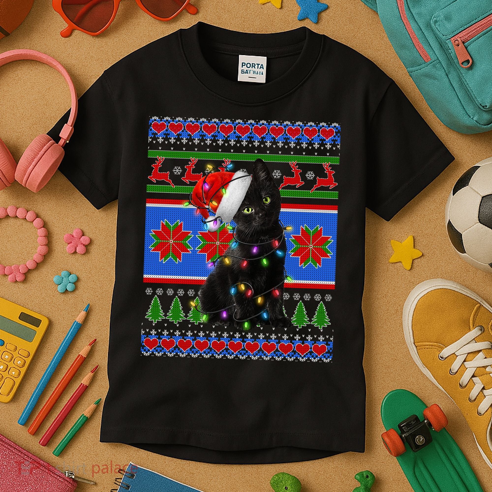 Christmas Lights Santa Cat Ugly Kids T-Shirt