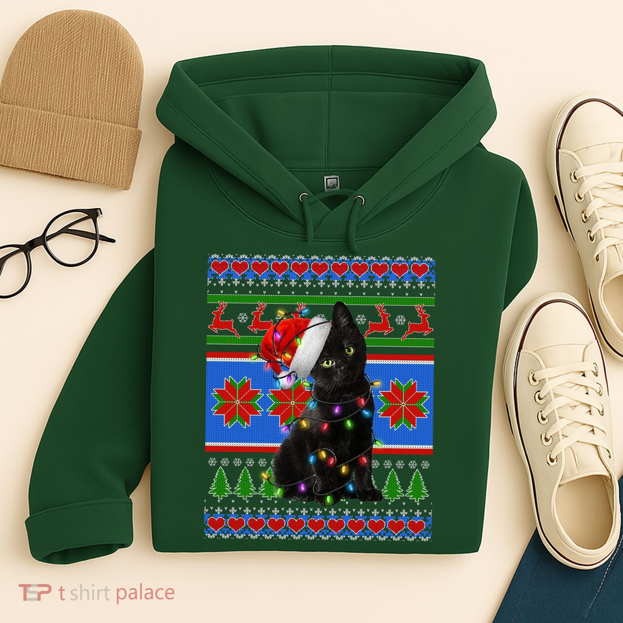 Christmas Lights Santa Cat Ugly Hoodie