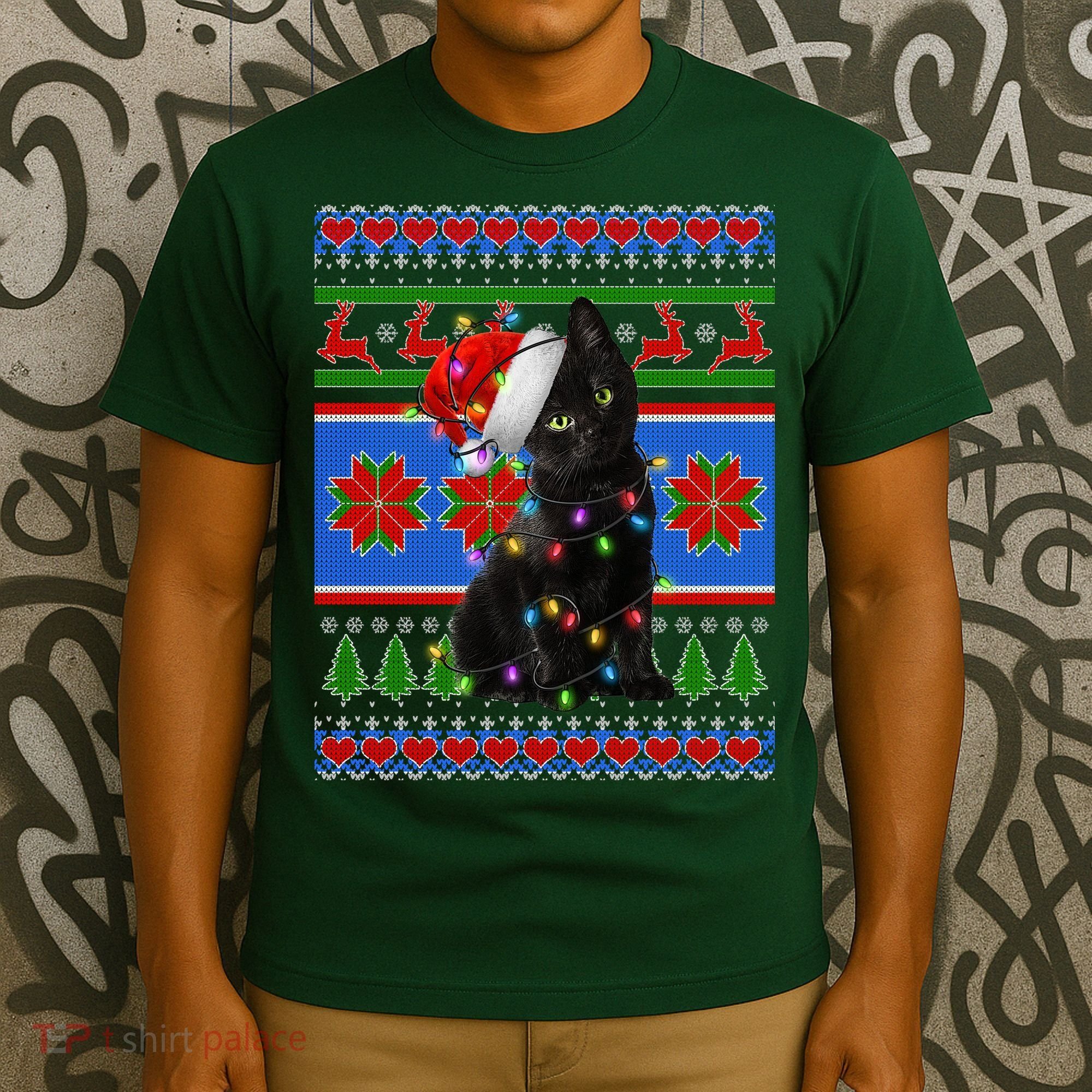Christmas Lights Santa Cat Ugly T-Shirt