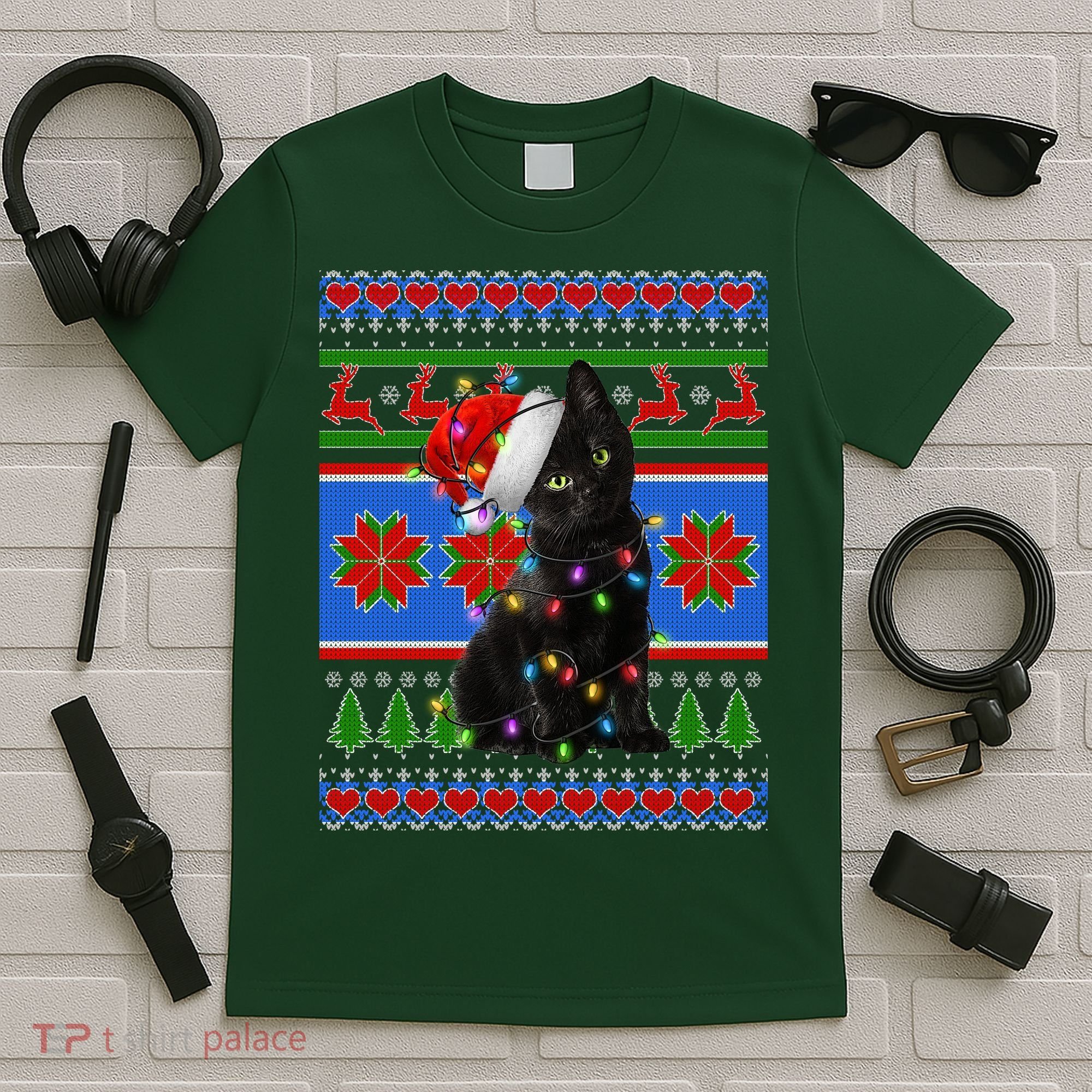 Christmas Lights Santa Cat Ugly T-Shirt