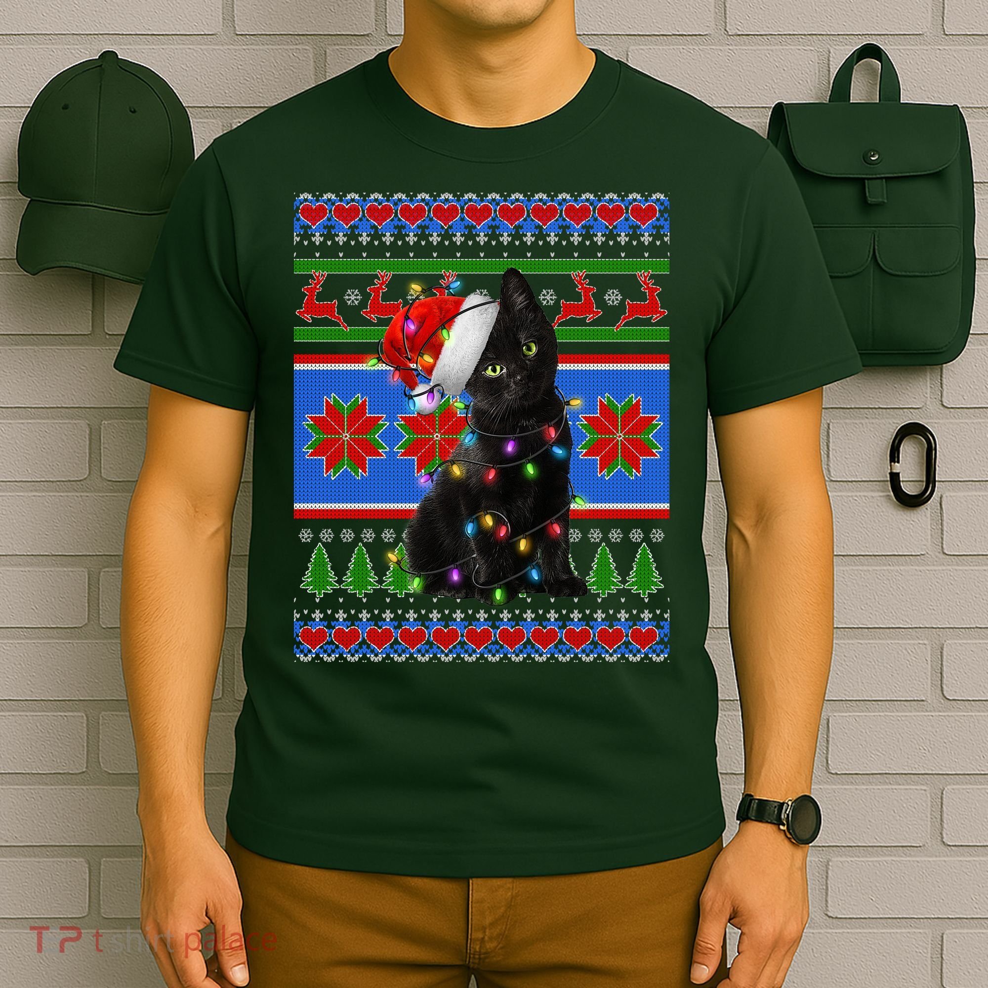 Christmas Lights Santa Cat Ugly T-Shirt