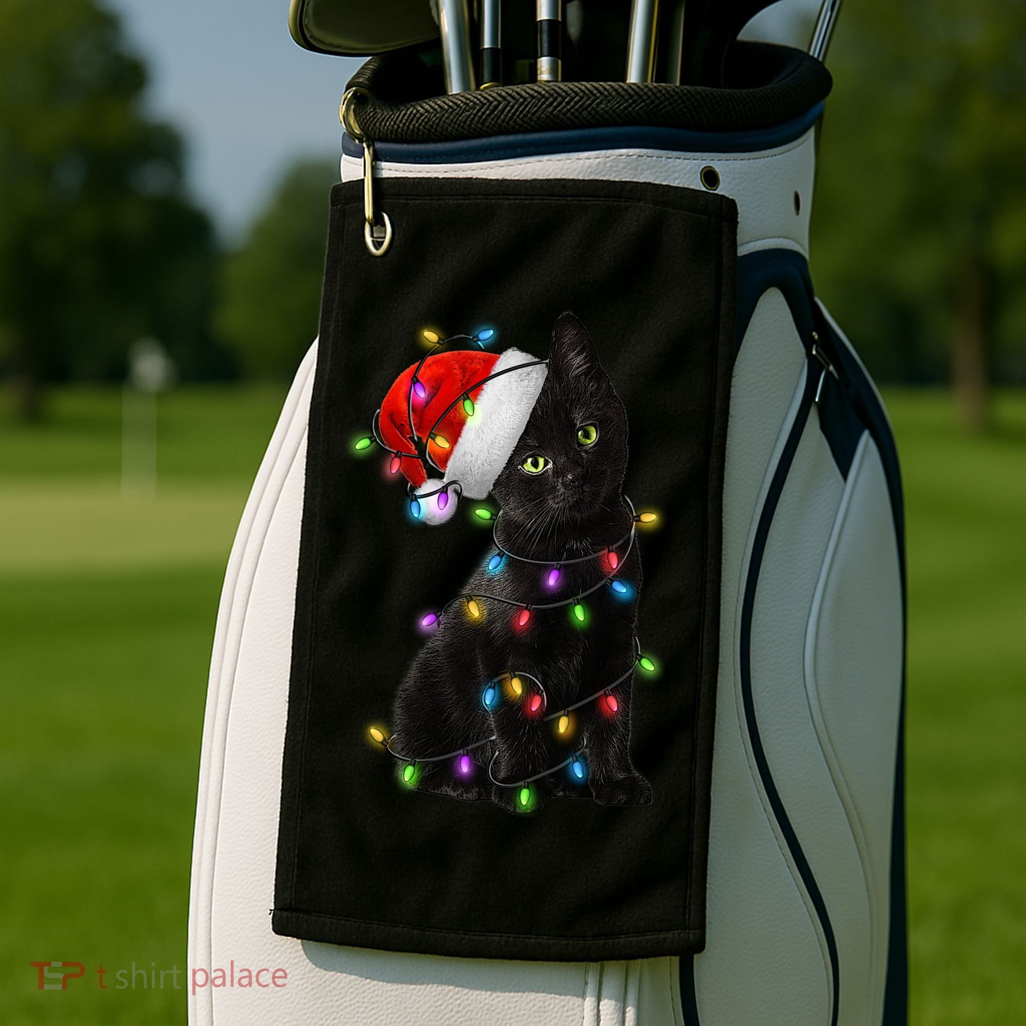 Christmas Lights Santa Kitty Golf Towel
