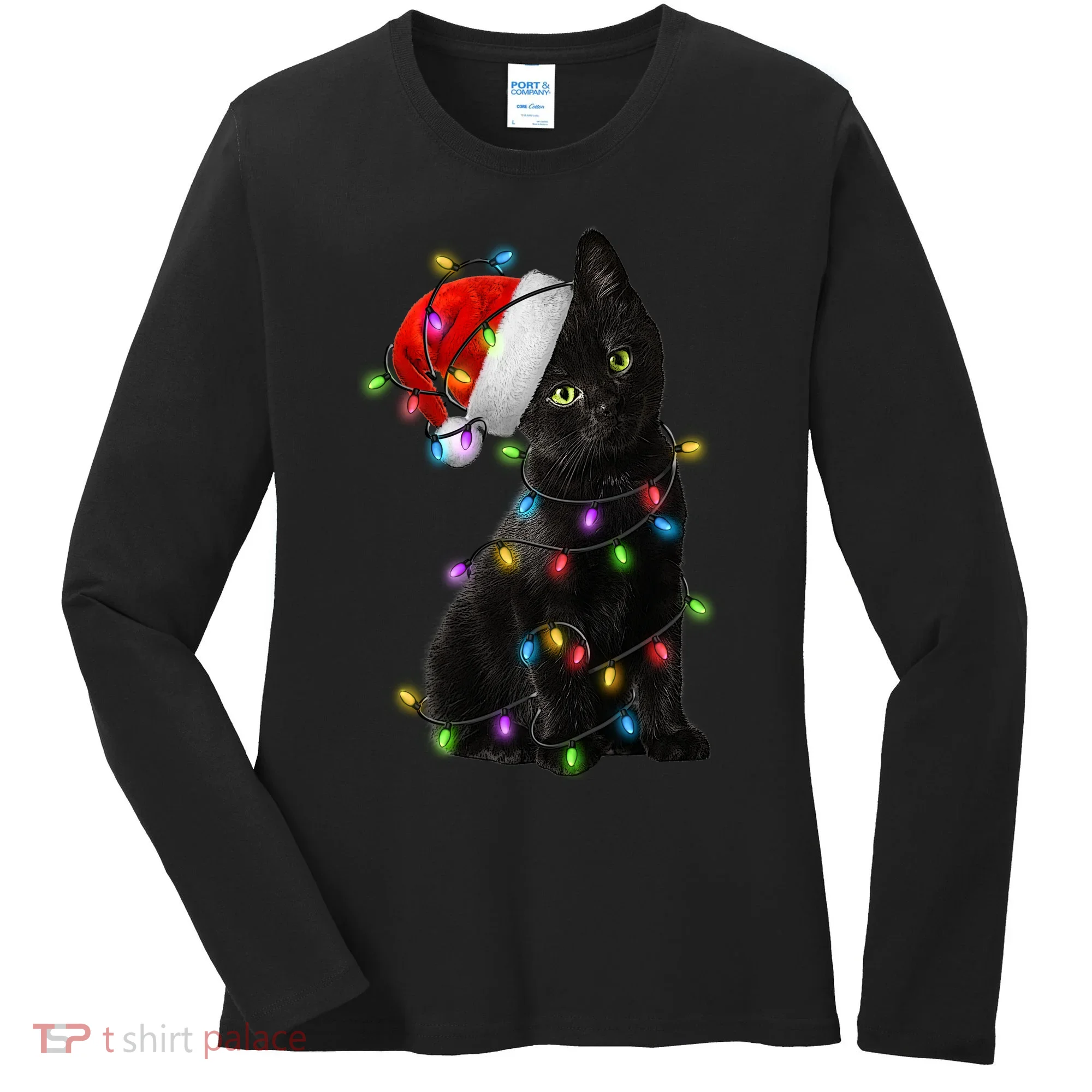 Christmas Lights Santa Kitty Women's Long Sleeve Shirt