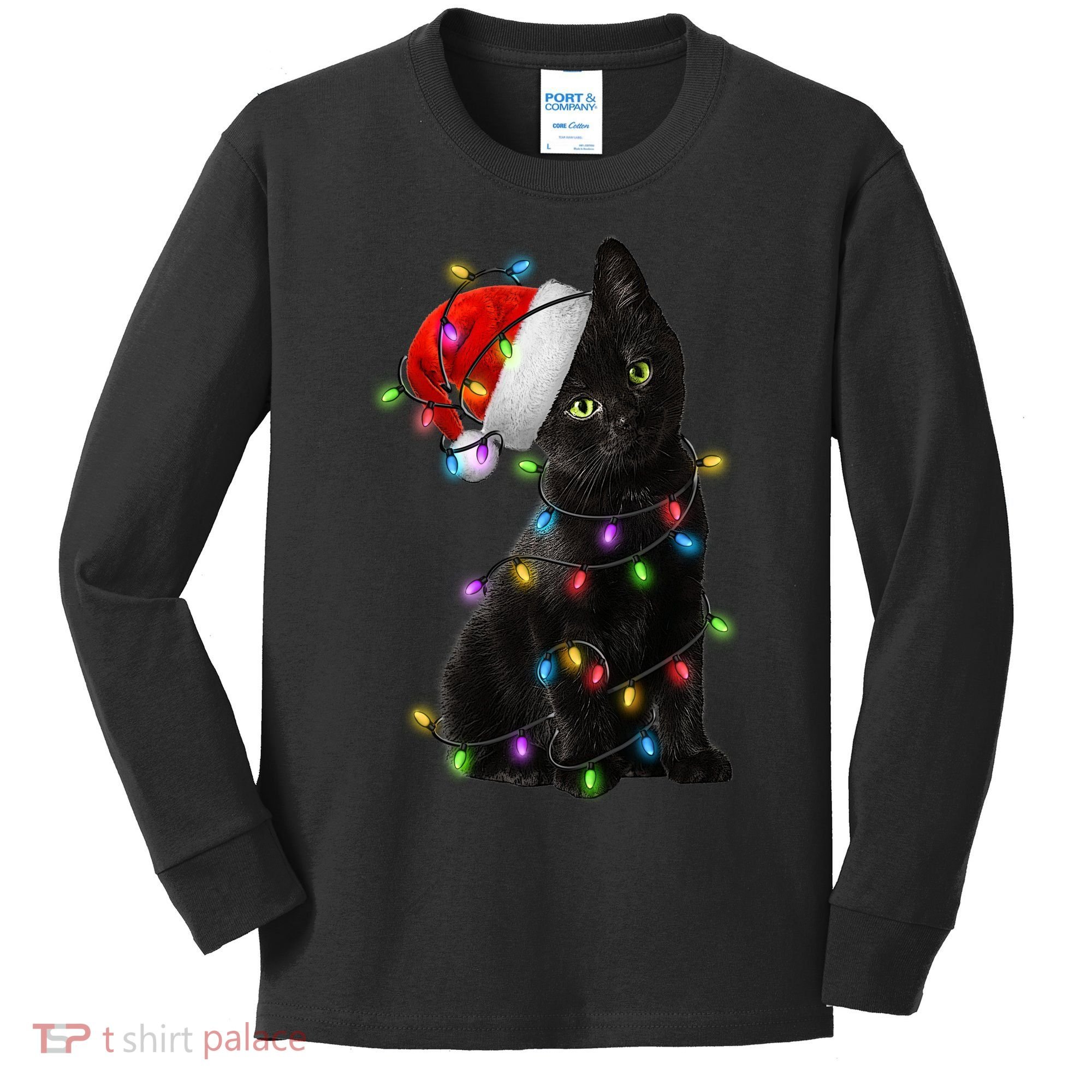 Christmas Lights Santa Kitty Kids Long Sleeve Shirt