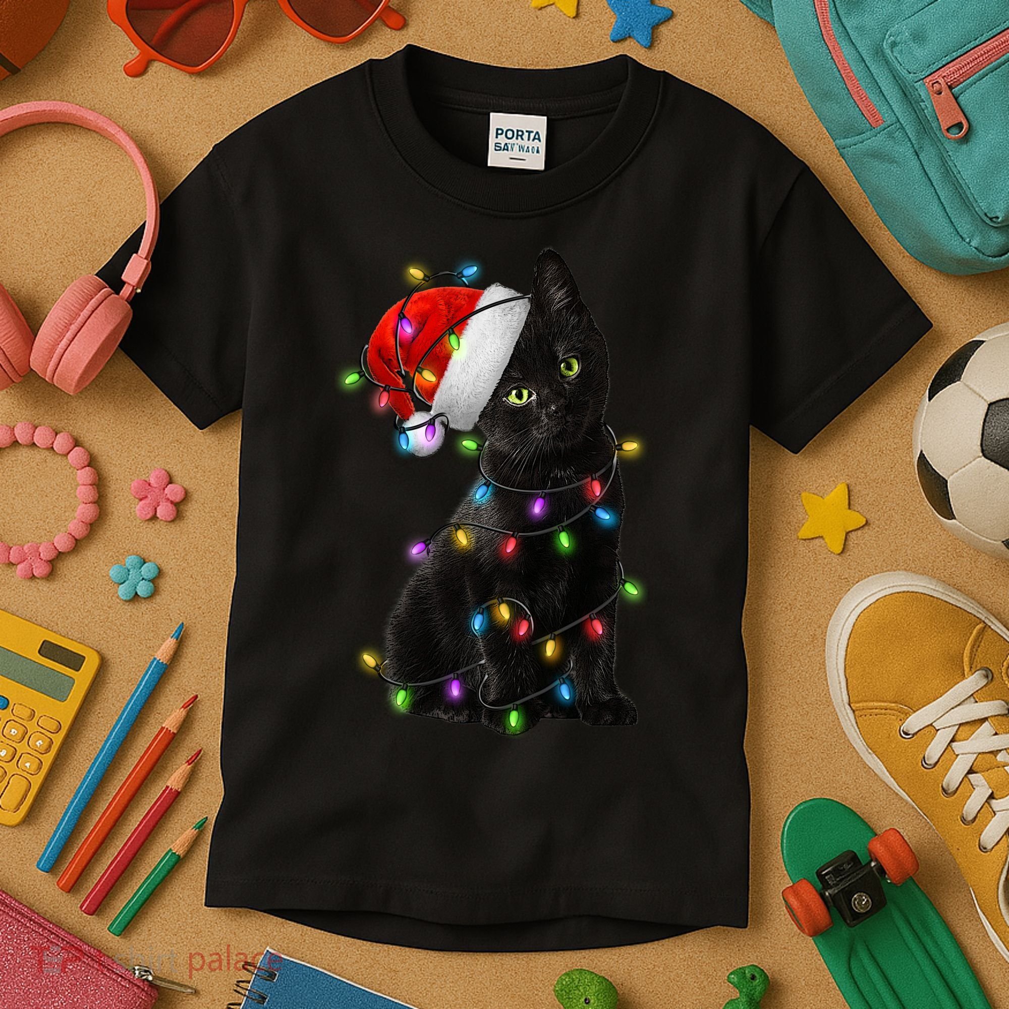 Christmas Lights Santa Kitty Kids T-Shirt