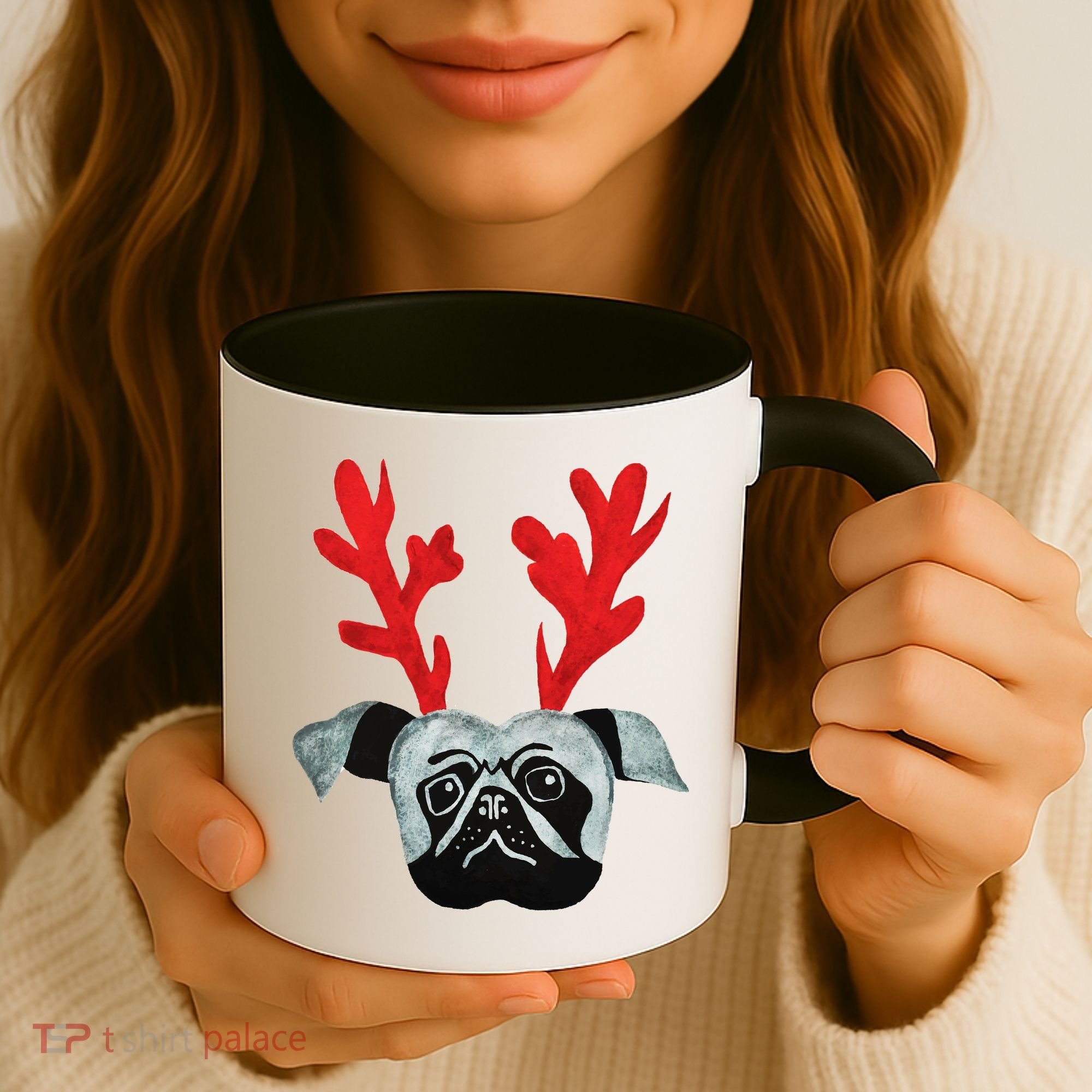 Christmas Pug Reindeer Coffee Mug