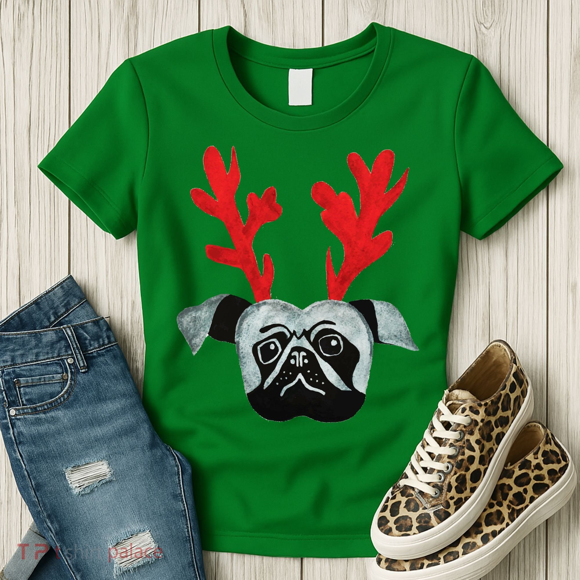 Christmas Pug Reindeer Women's T-Shirt
