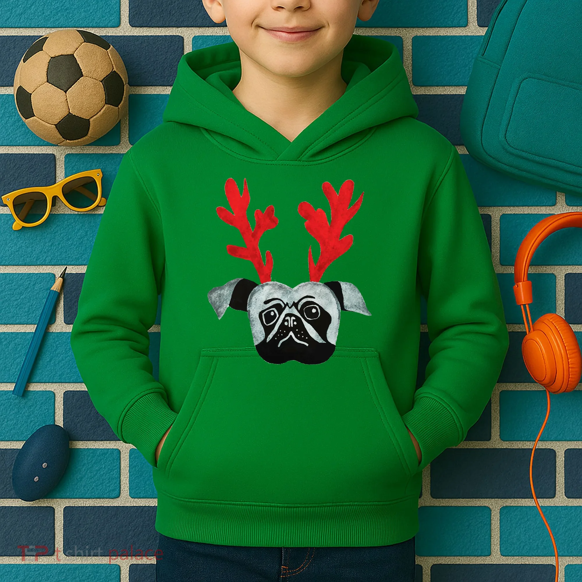 Christmas Pug Reindeer Kids Hoodie