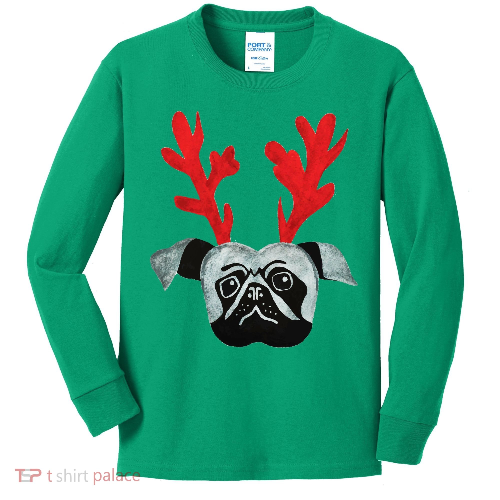 Christmas Pug Reindeer Kids Long Sleeve Shirt
