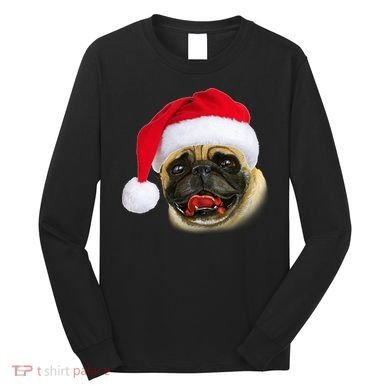 Christmas Pug Santa Hat Cute Long Sleeve Shirt