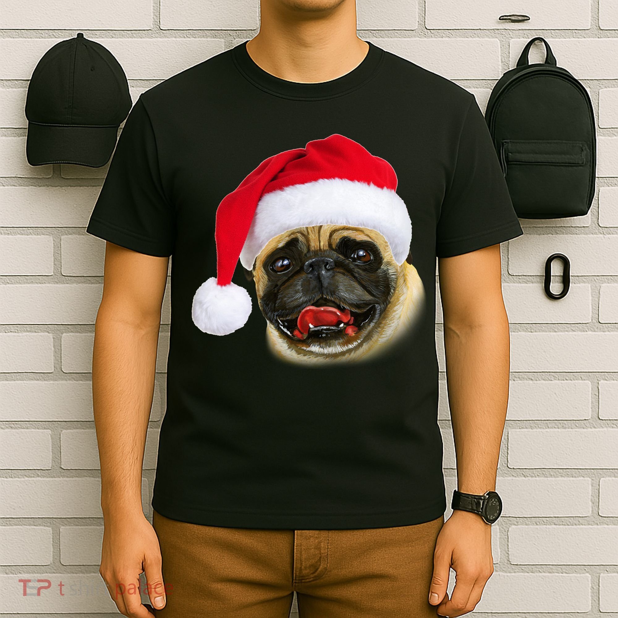 Christmas Pug Santa Hat Cute T-Shirt