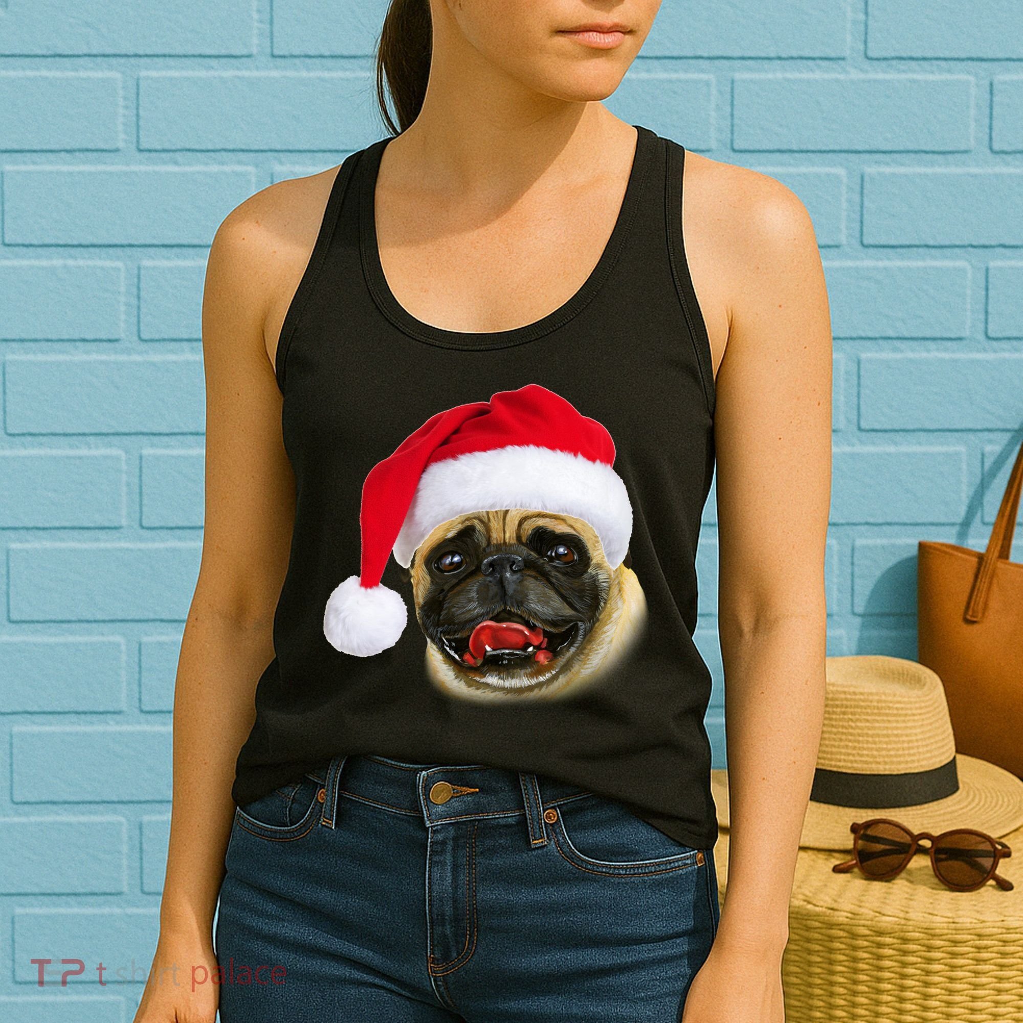 Christmas Pug Santa Hat Cute Women's Tank Top