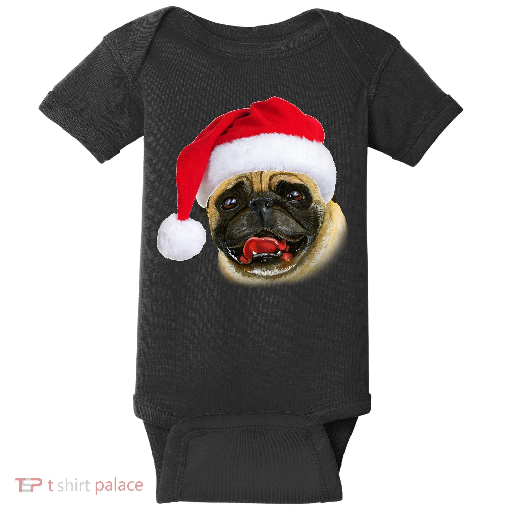 Christmas Pug Santa Hat Cute Baby Bodysuit