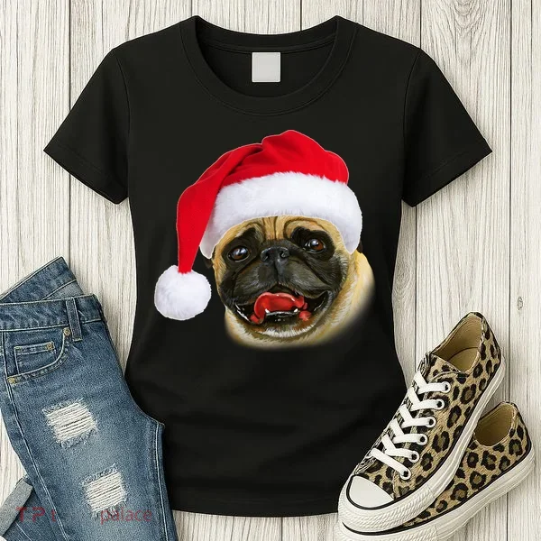 Christmas Pug Santa Hat Cute Women's T-Shirt