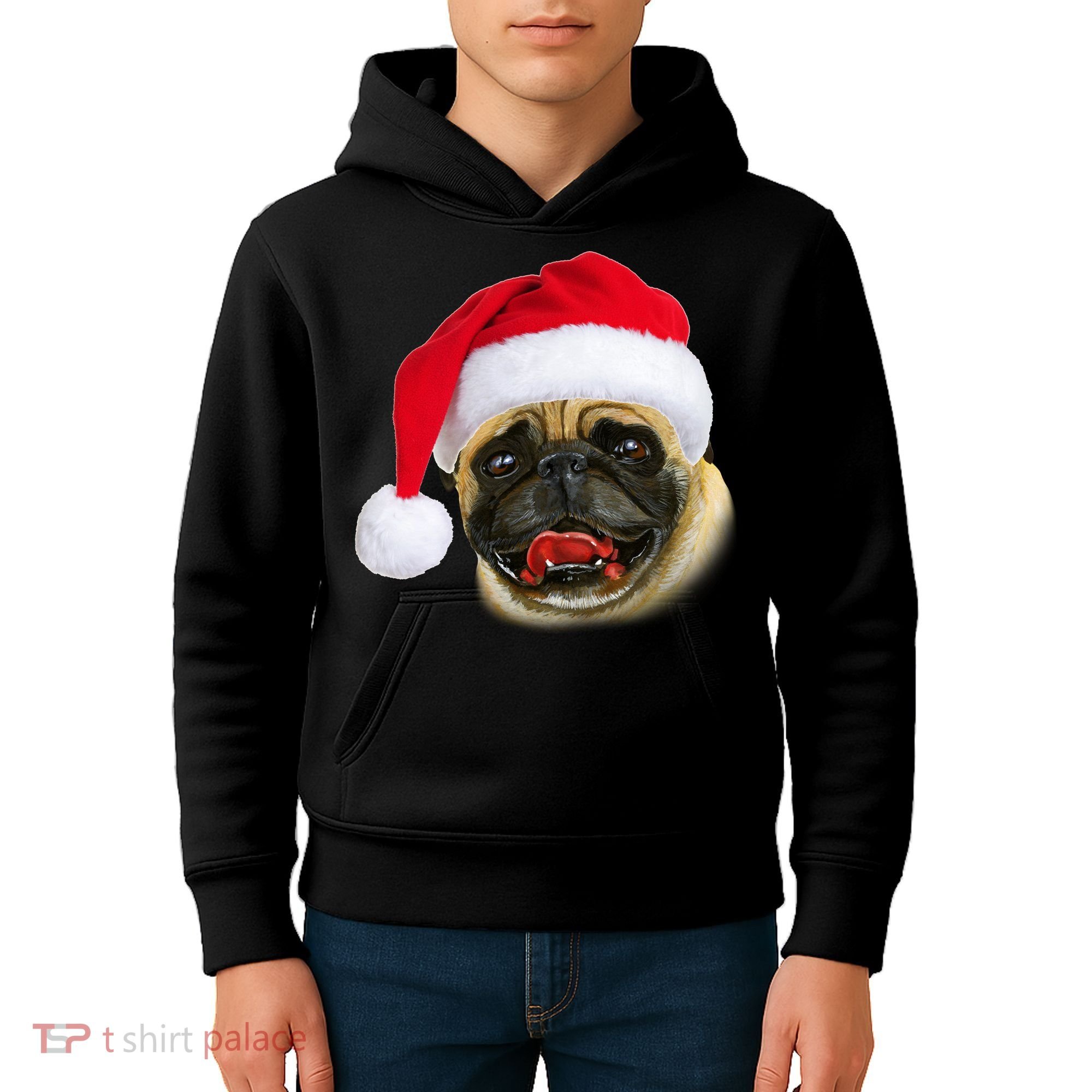 Christmas Pug Santa Hat Cute Kids Hoodie