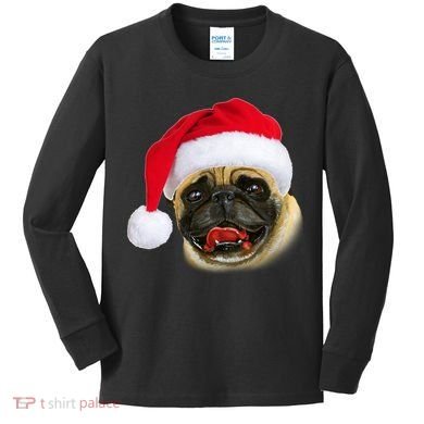 Christmas Pug Santa Hat Cute Kids Long Sleeve Shirt