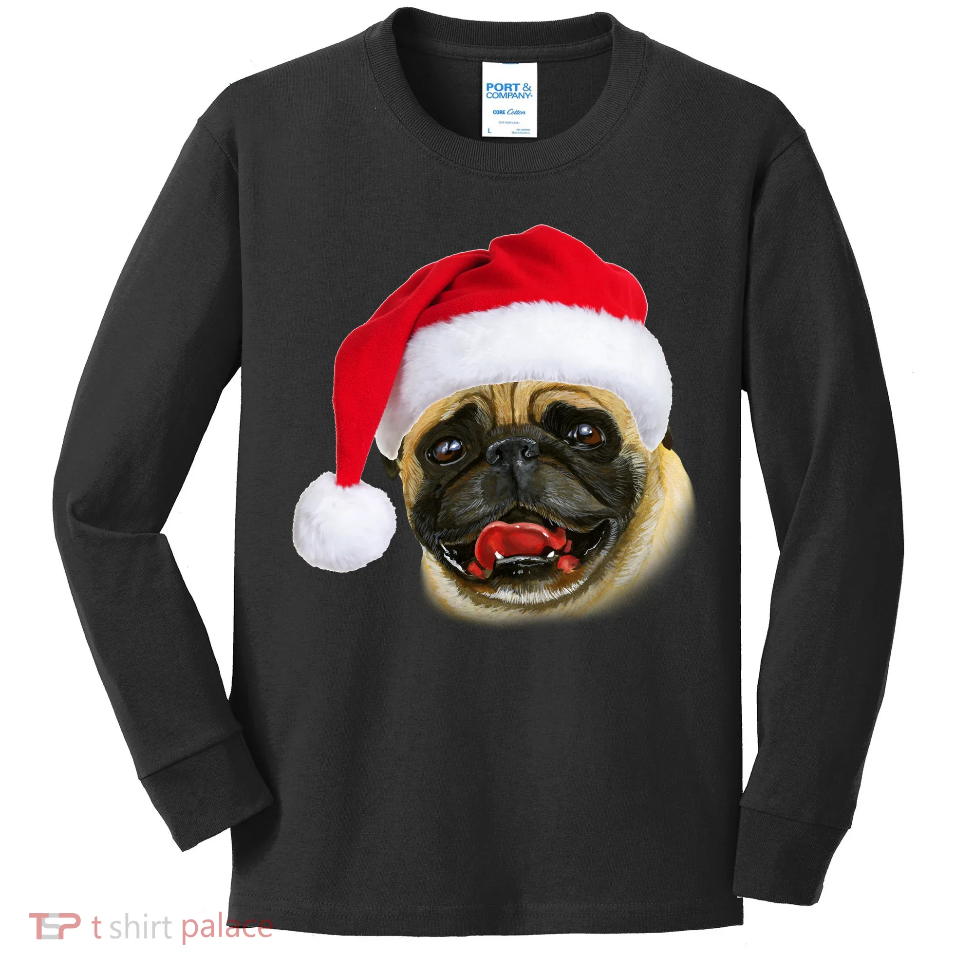 Christmas Pug Santa Hat Cute Kids Long Sleeve Shirt