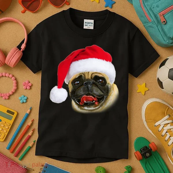 Christmas Pug Santa Hat Cute Kids T-Shirt