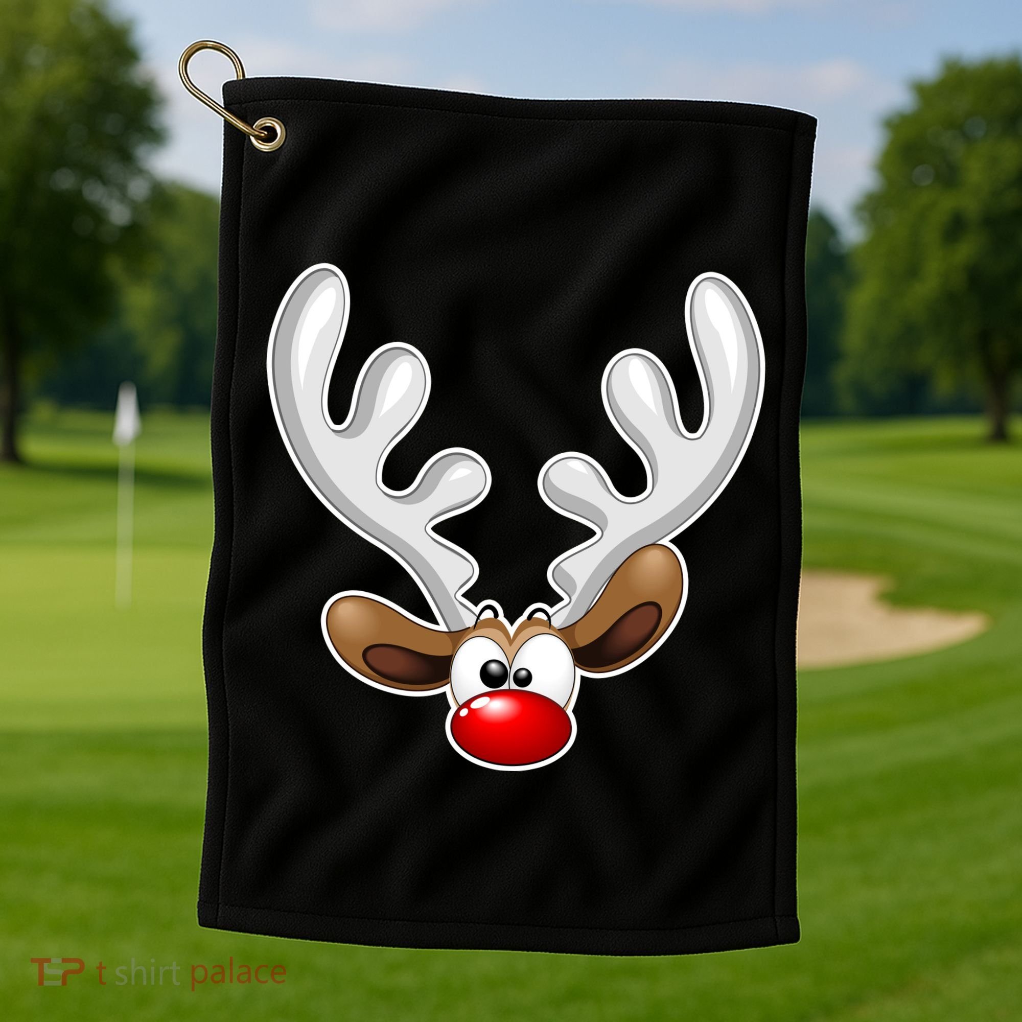 Christmas Red Nose Reindeer Face  Golf Towel