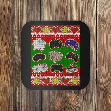 Christmas Retro Video Game Controllers Ugly Sweater Coaster