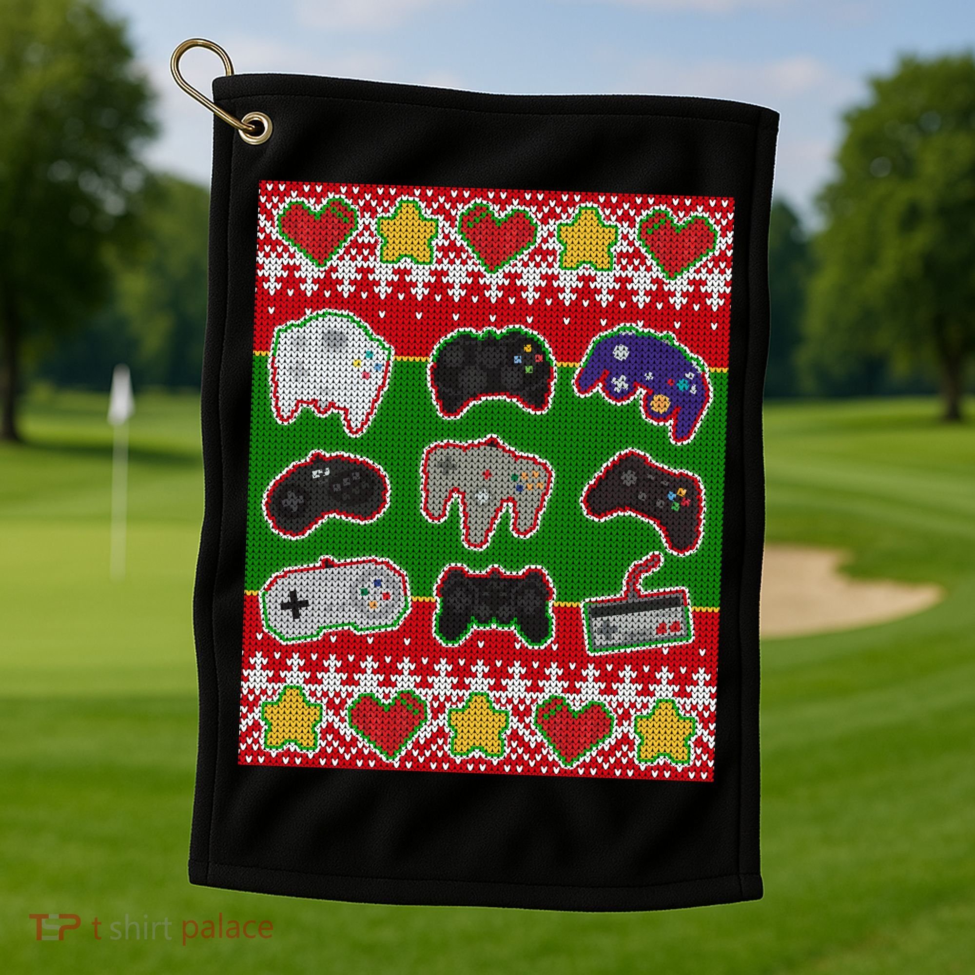 Christmas Retro Video Game Controllers Ugly Sweater Golf Towel