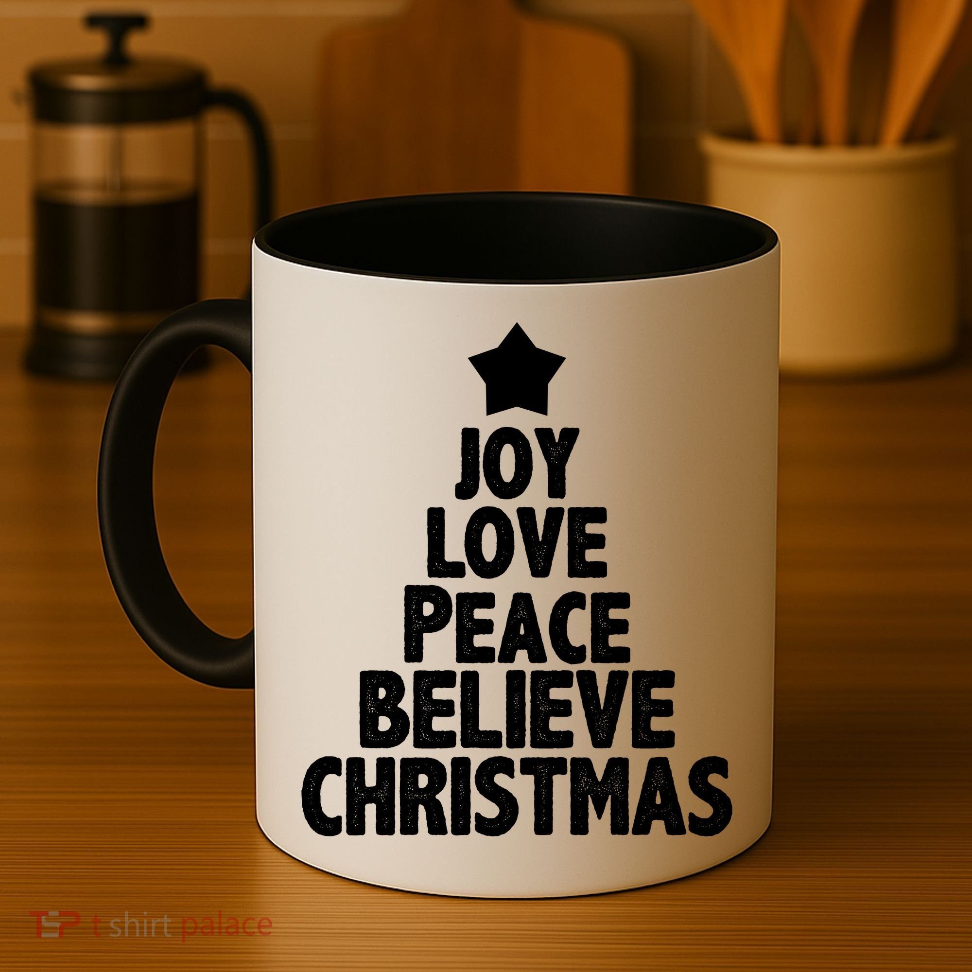 Christmas Tree Joy Love Peace Believe Coffee Mug