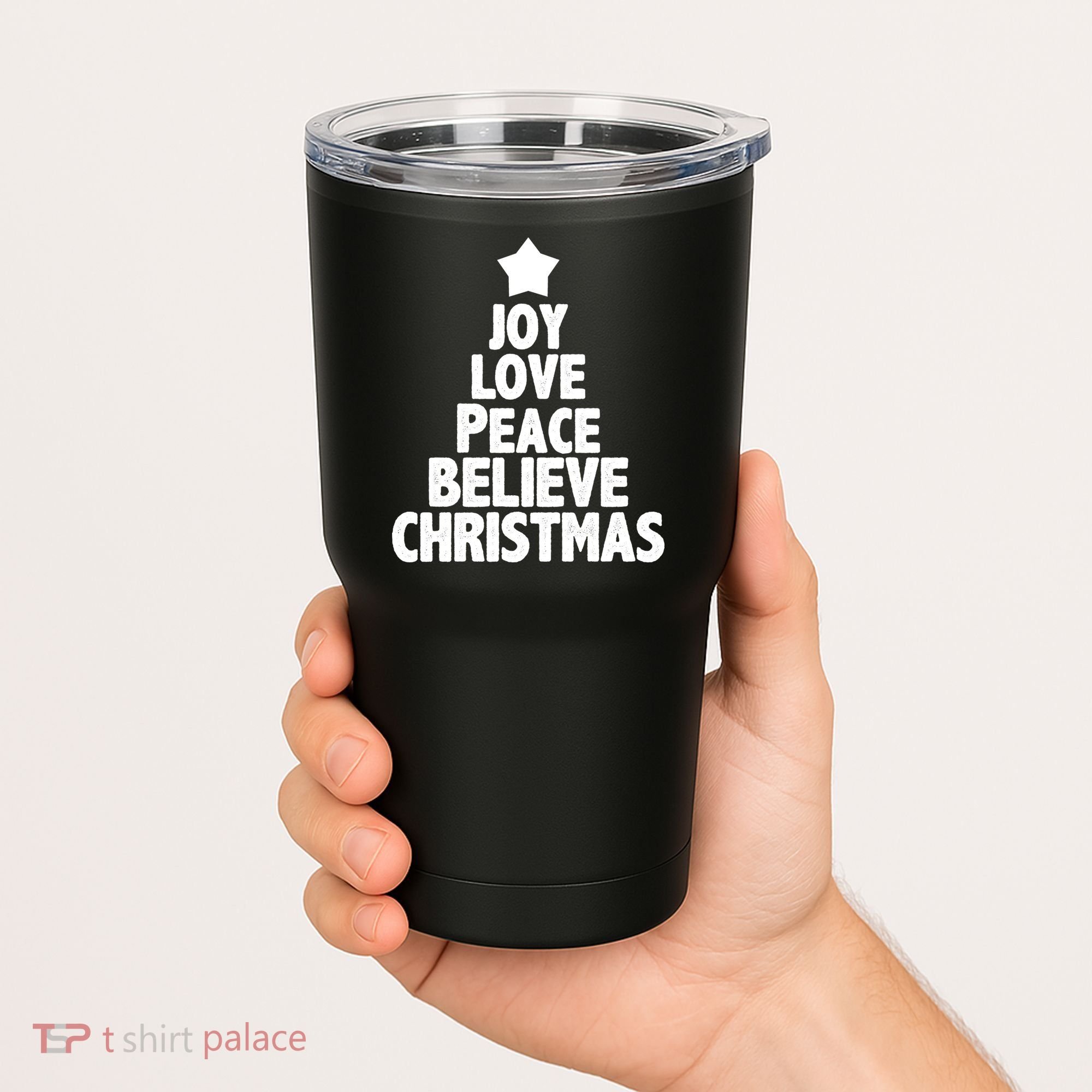Christmas Tree Joy Love Peace Believe Tumbler