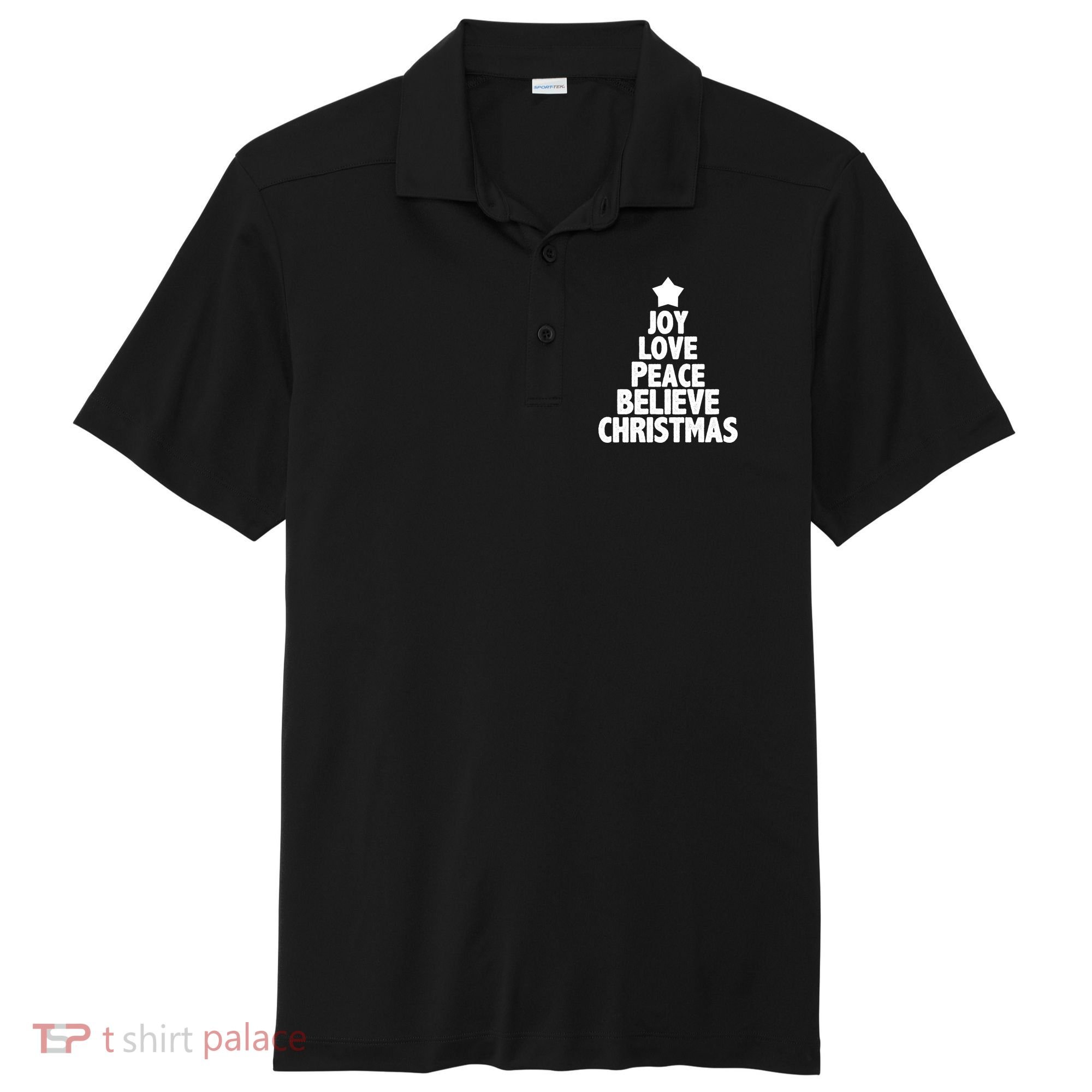 Christmas Tree Joy Love Peace Believe Sport-Tek Posi-UV Pro Polo