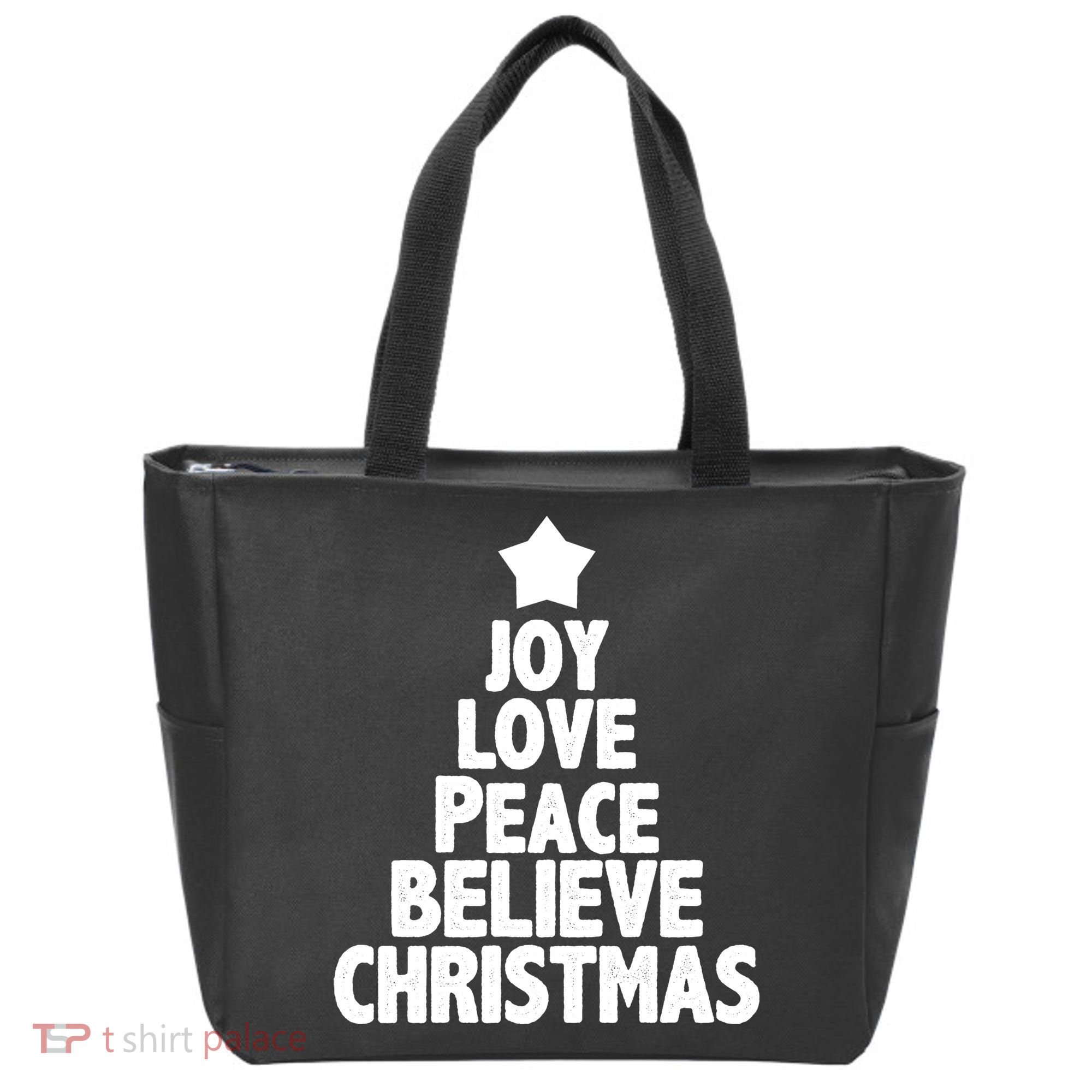 Christmas Tree Joy Love Peace Believe Tote Bag