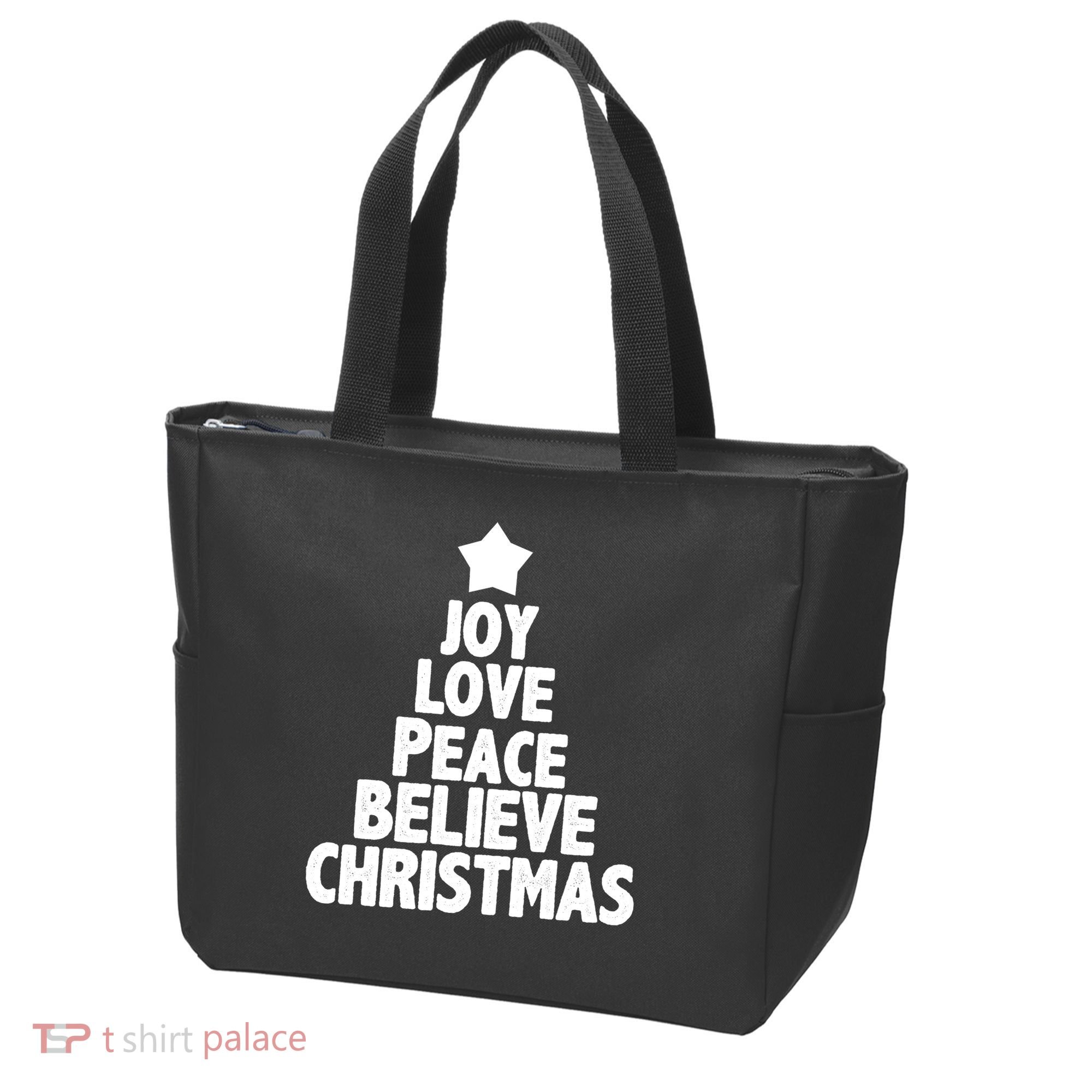 Christmas Tree Joy Love Peace Believe Tote Bag