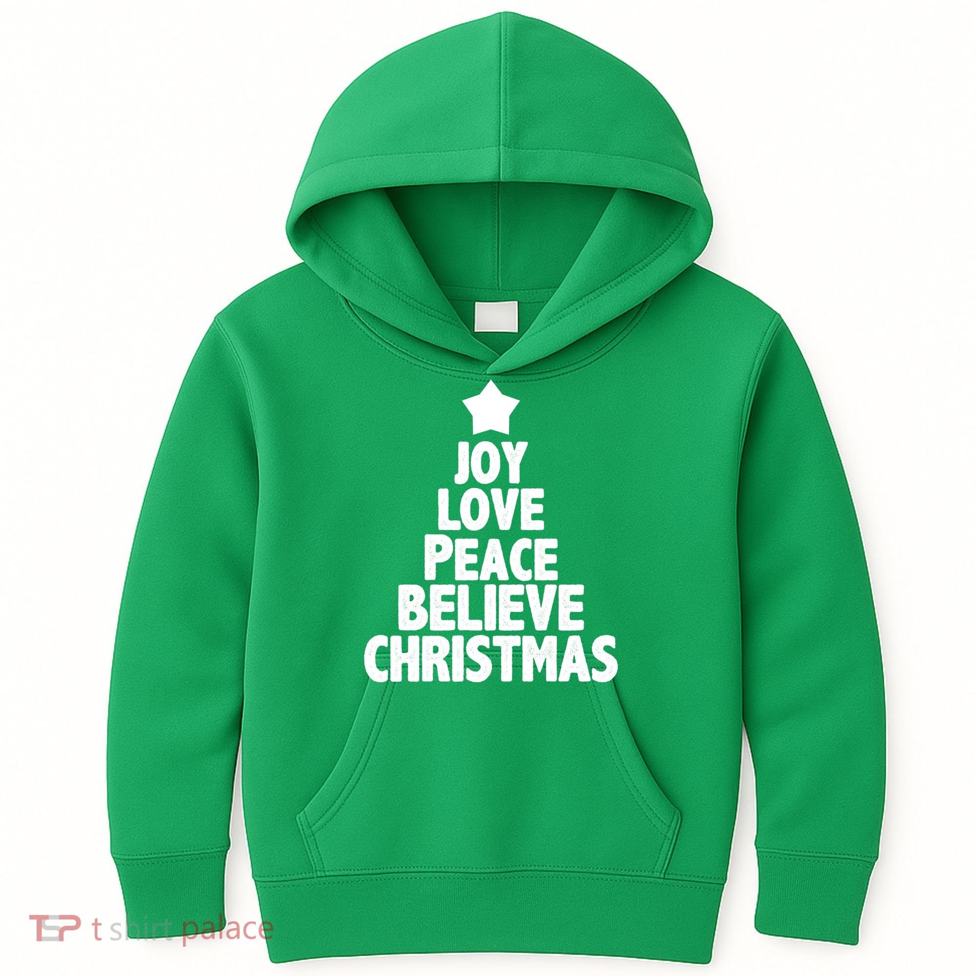 Christmas Tree Joy Love Peace Believe Kids Hoodie