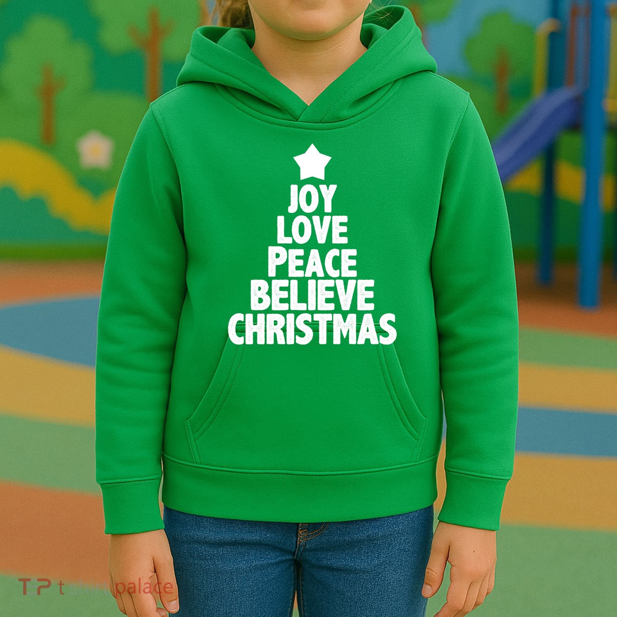 Christmas Tree Joy Love Peace Believe Kids Hoodie