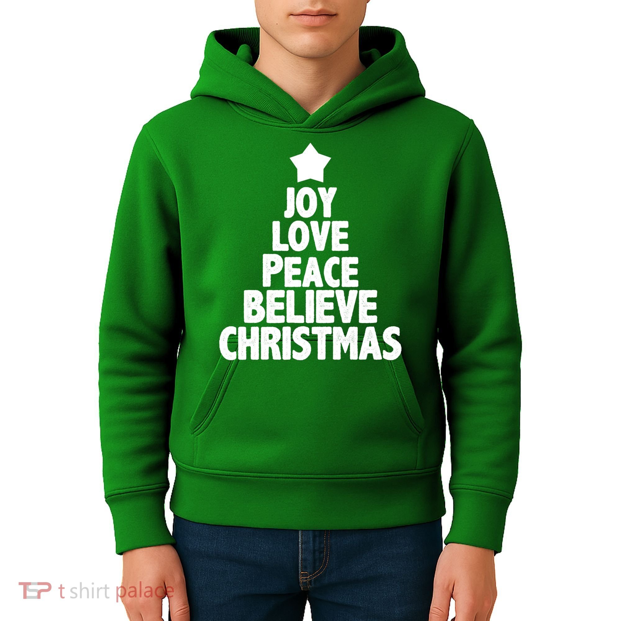 Christmas Tree Joy Love Peace Believe Kids Hoodie