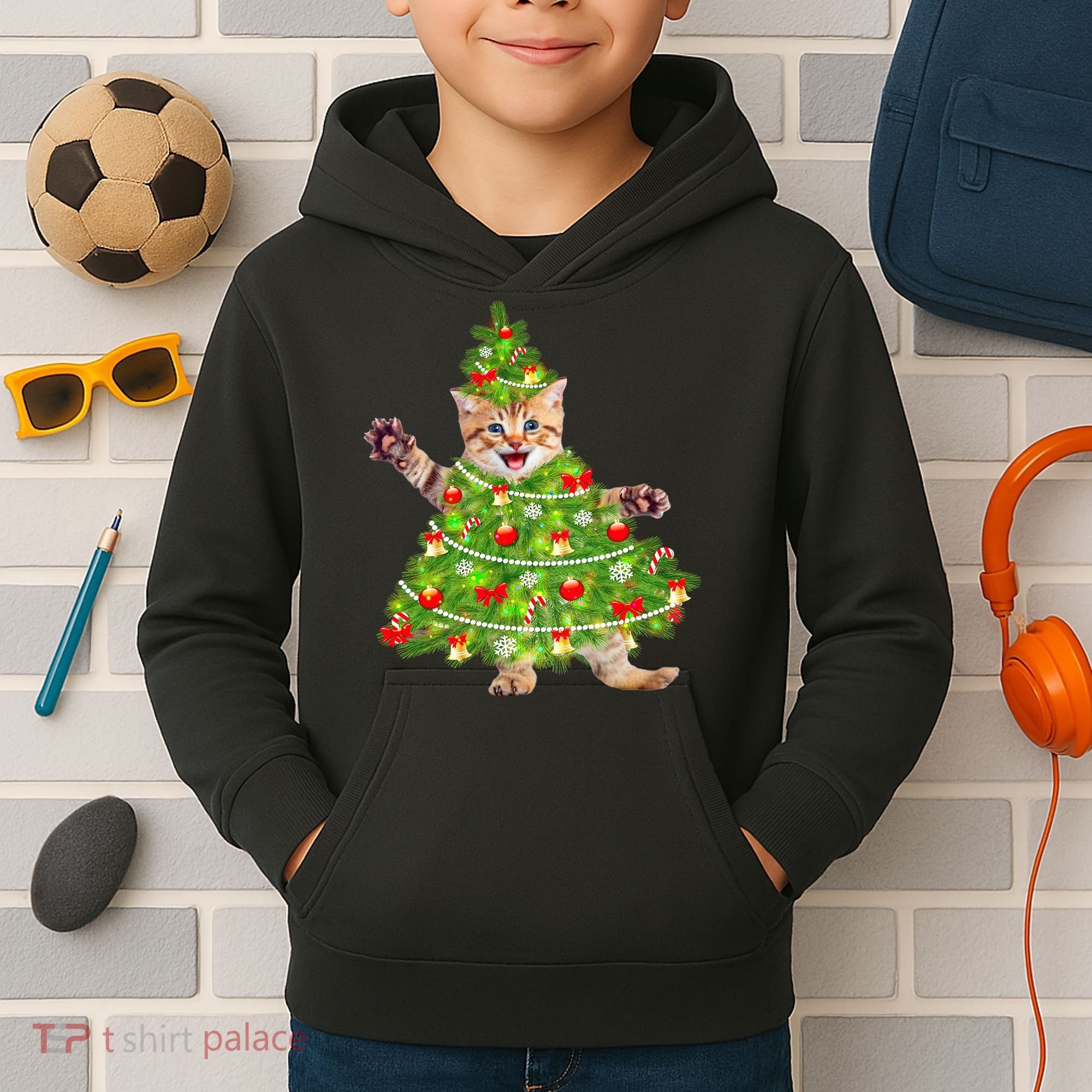 Christmas Tree Kitten Kids Hoodie