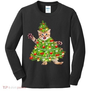 Christmas Tree Kitten Kids Long Sleeve Shirt