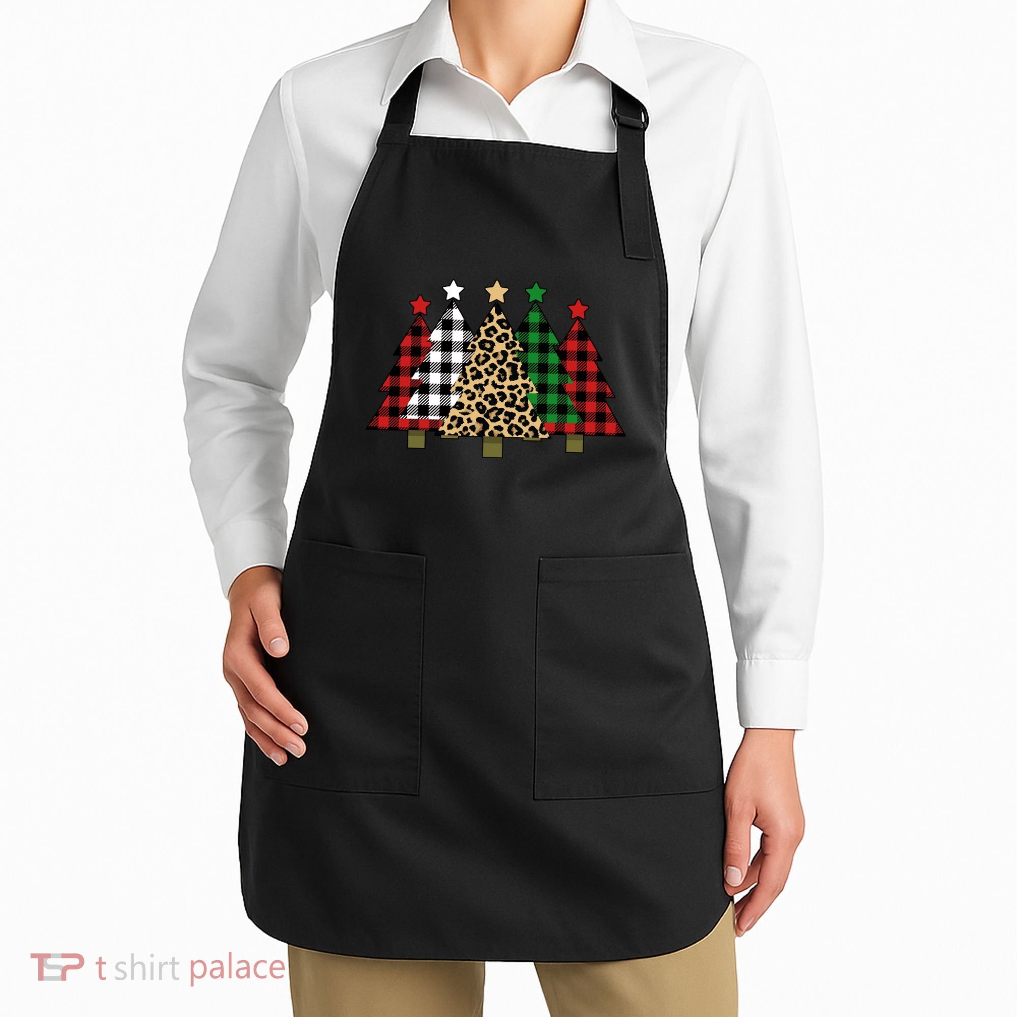 Christmas Trees Buffalo Plaid & Leopard Design Apron