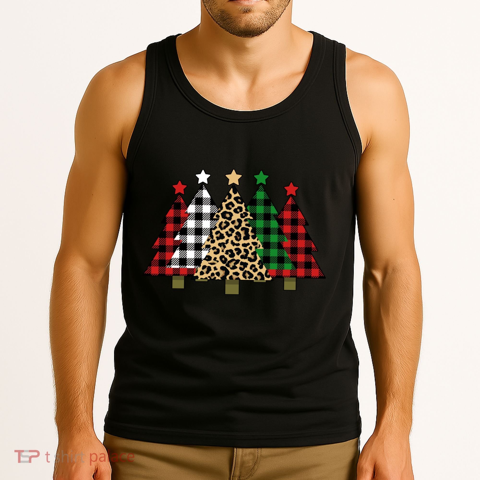 Christmas Trees Buffalo Plaid & Leopard Design Tank Top