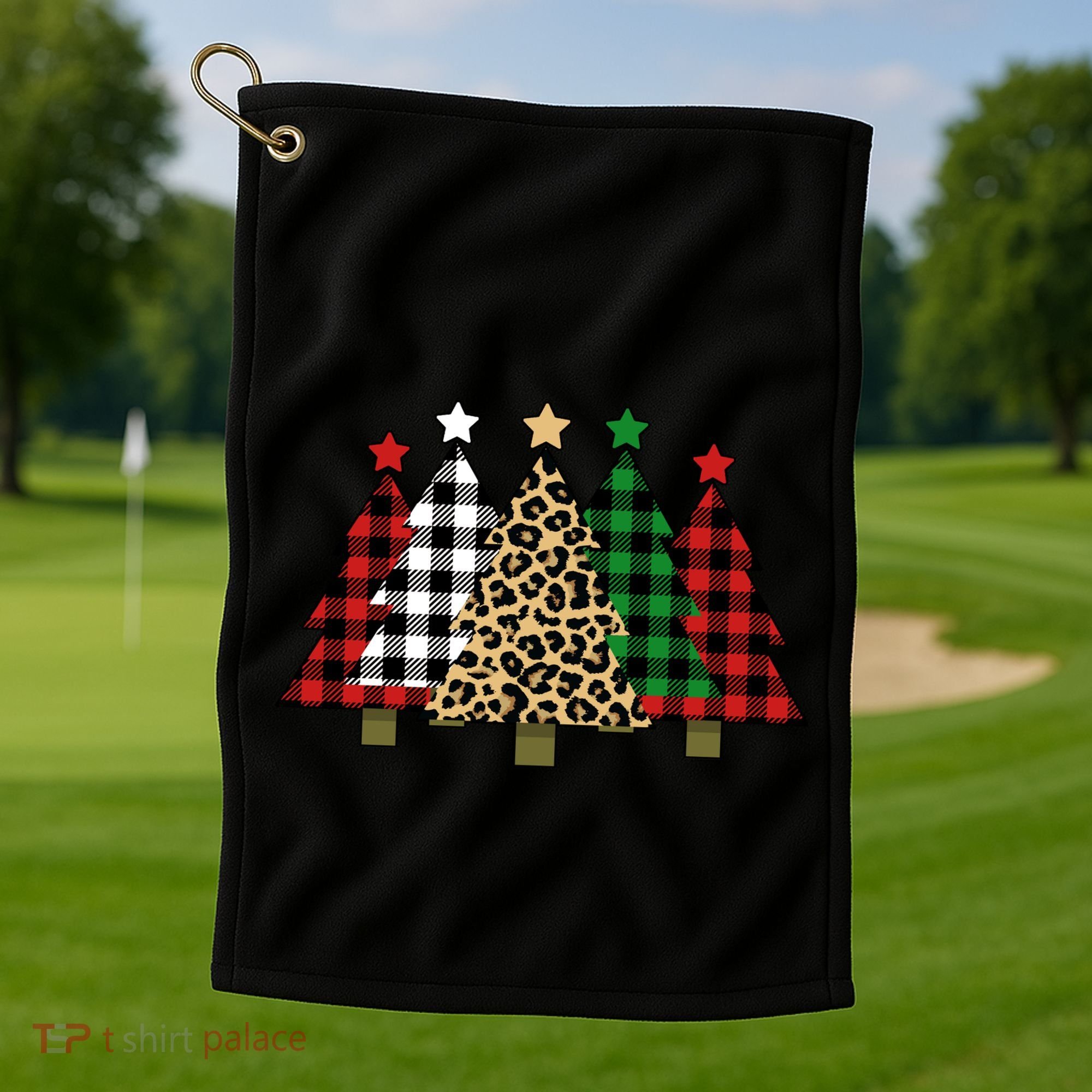 Christmas Trees Buffalo Plaid & Leopard Design Golf Towel