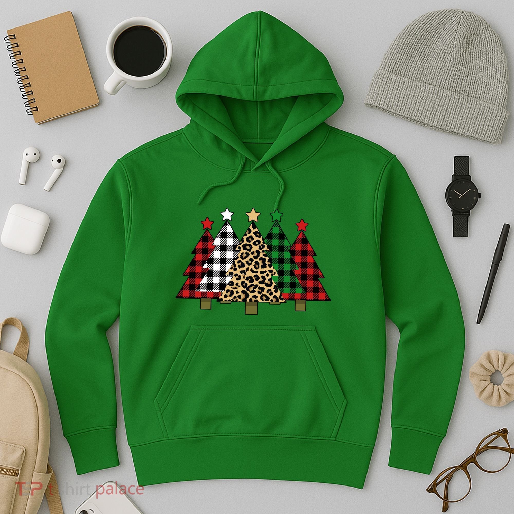 Christmas Trees Buffalo Plaid & Leopard Design Hoodie