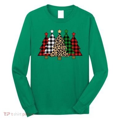 Christmas Trees Buffalo Plaid & Leopard Design Long Sleeve Shirt