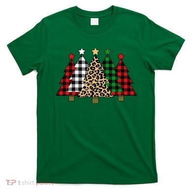 Christmas Trees Buffalo Plaid & Leopard Design T-Shirt