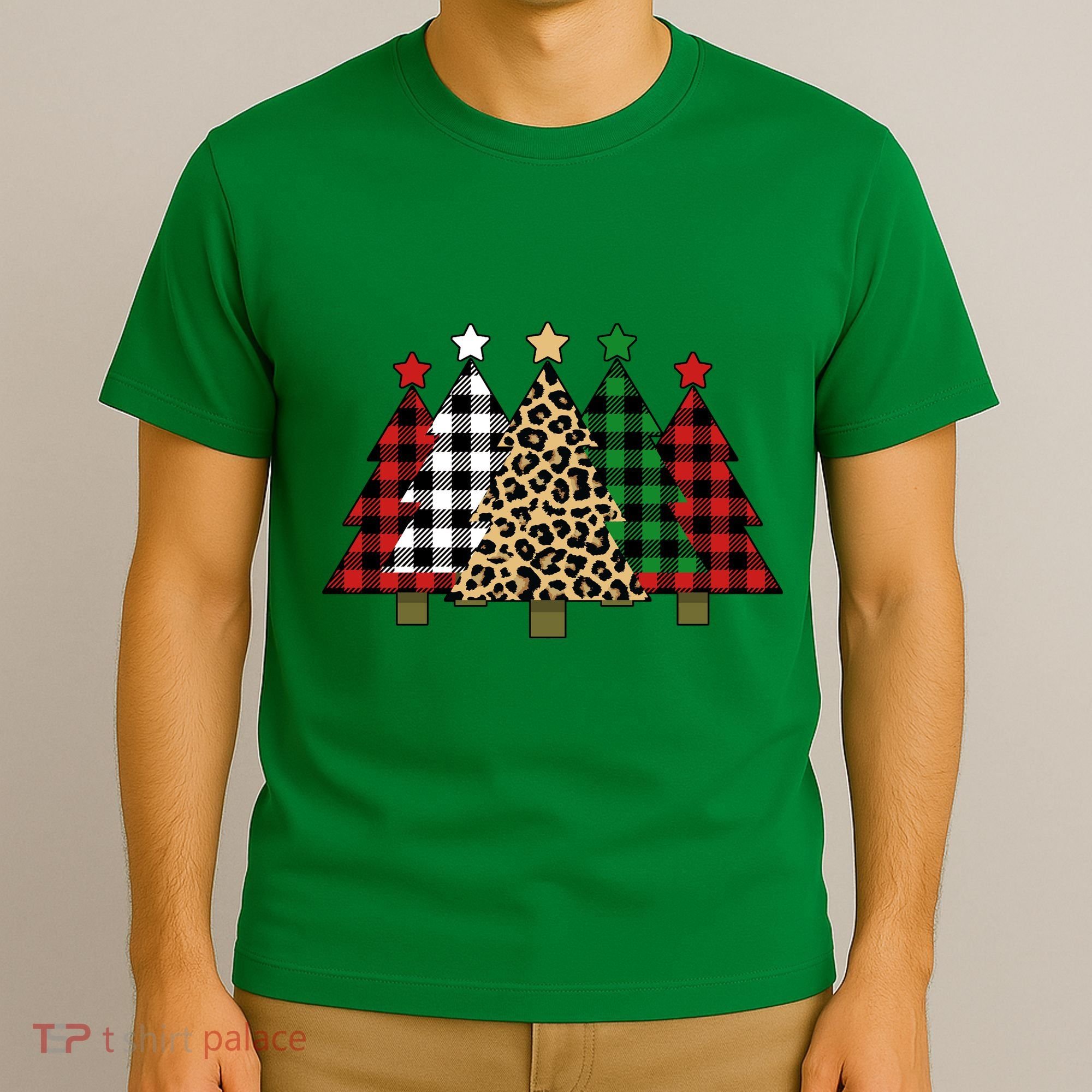 Christmas Trees Buffalo Plaid & Leopard Design T-Shirt