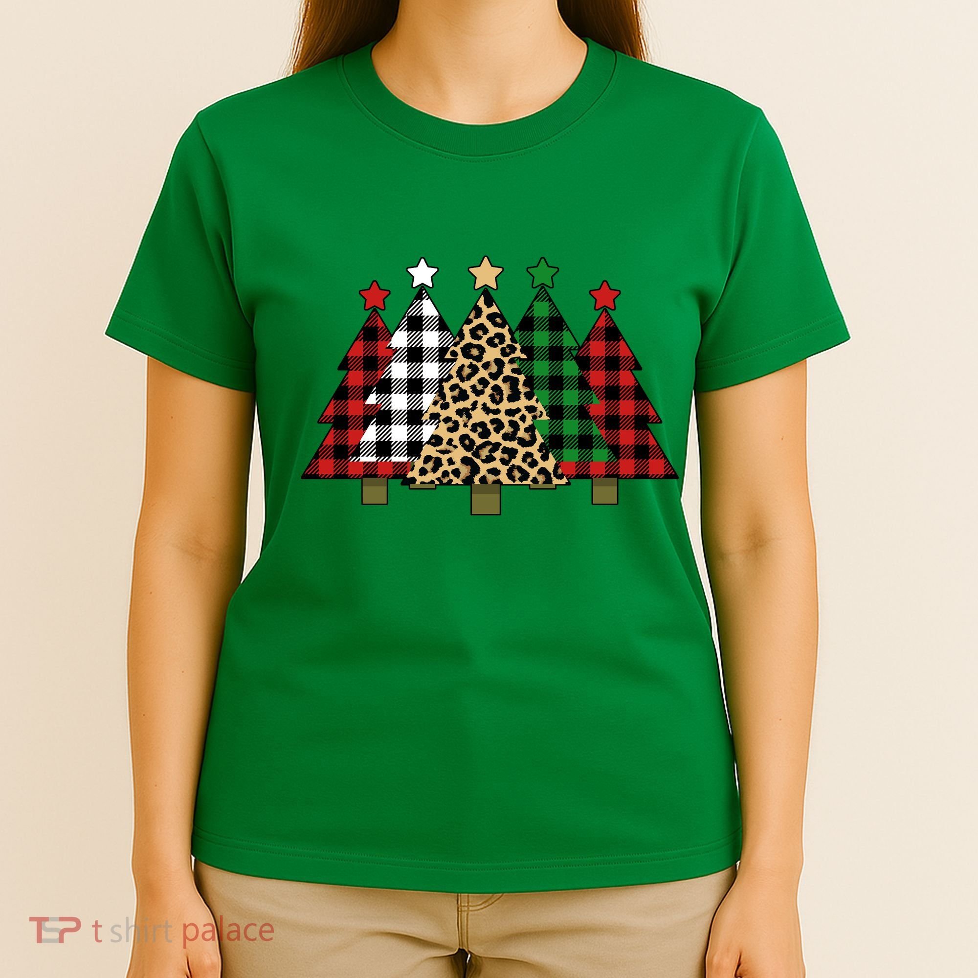 Christmas Trees Buffalo Plaid & Leopard Design T-Shirt