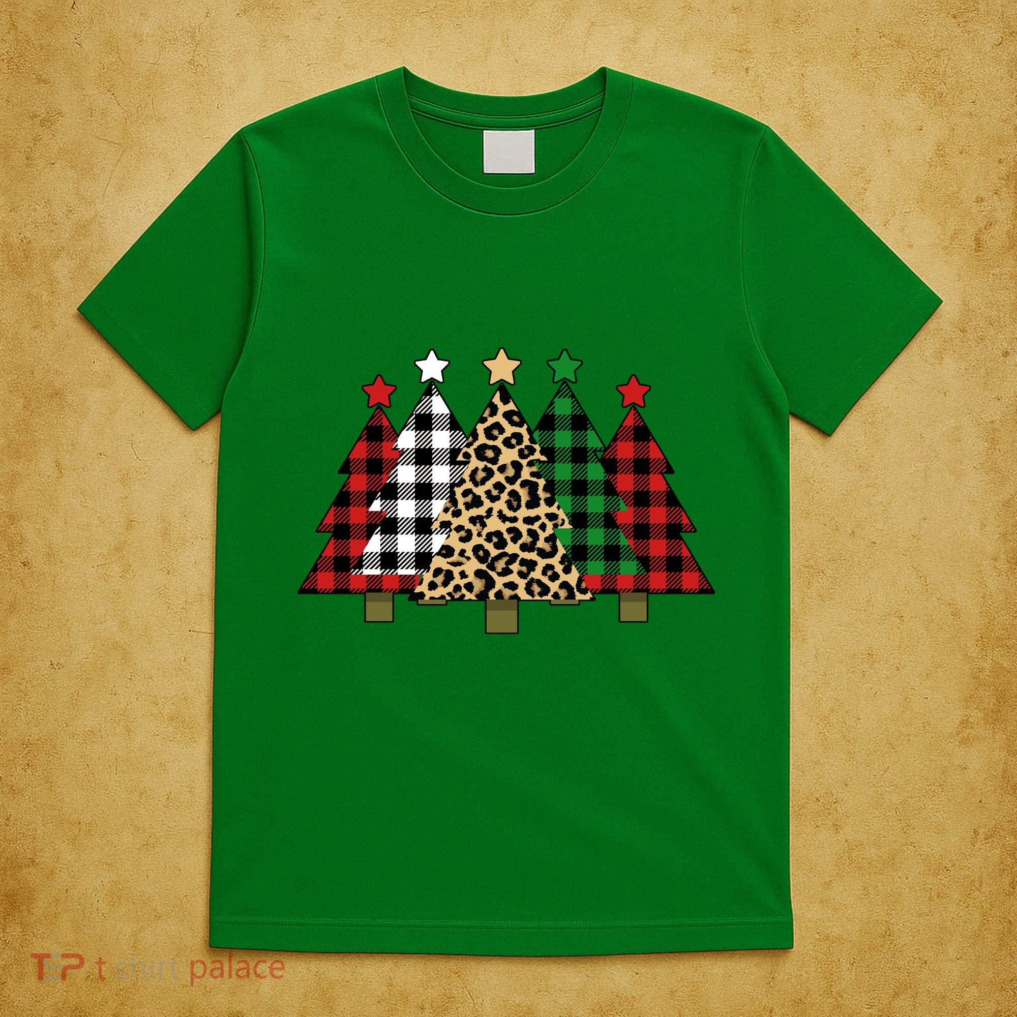 Christmas Trees Buffalo Plaid & Leopard Design T-Shirt
