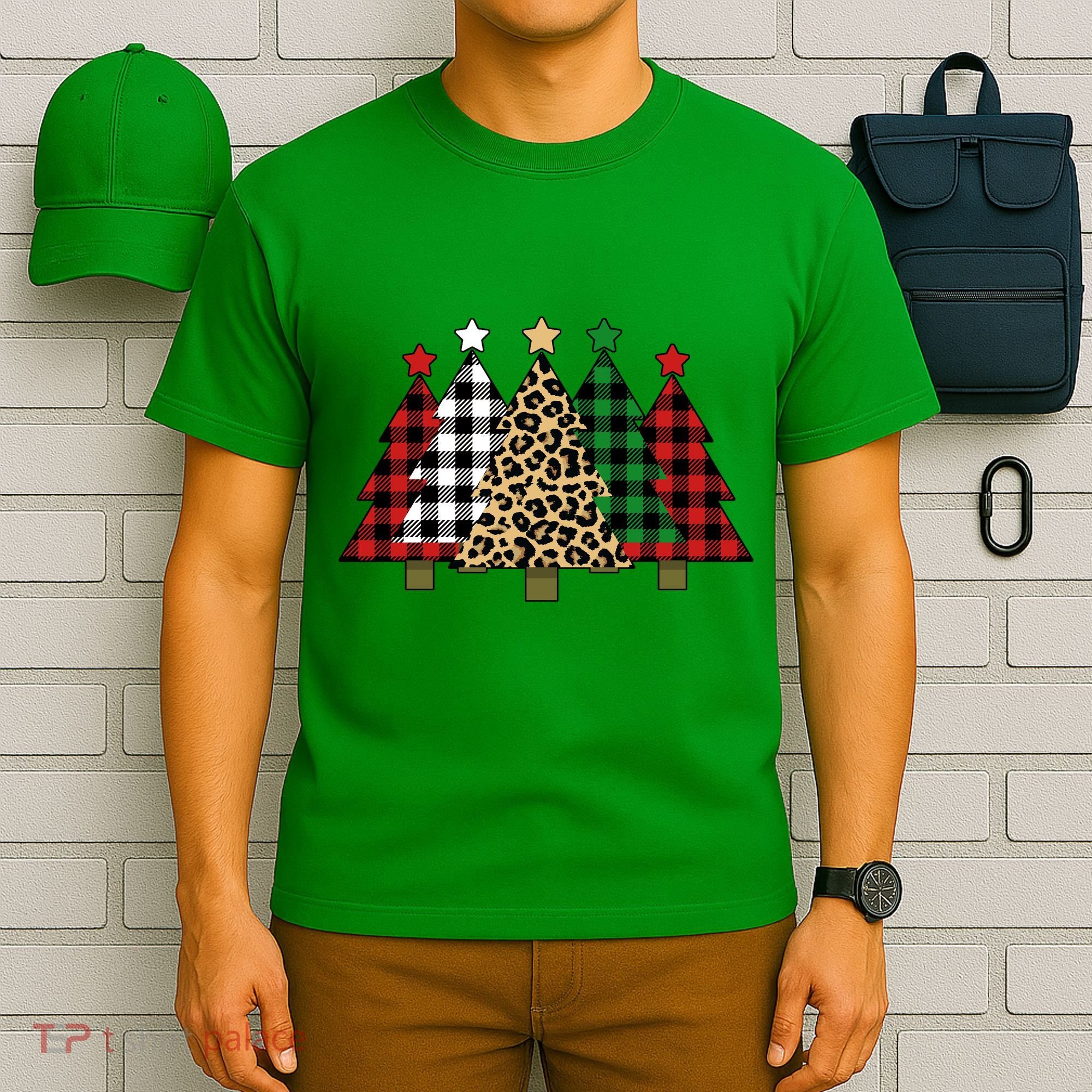 Christmas Trees Buffalo Plaid & Leopard Design T-Shirt