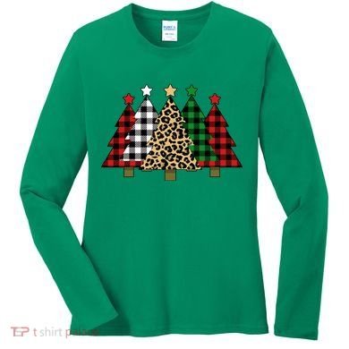 Christmas Trees Buffalo Plaid & Leopard Design Women's Long Sleeve Shirt
