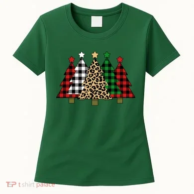 Christmas Trees Buffalo Plaid & Leopard Design Women's T-Shirt