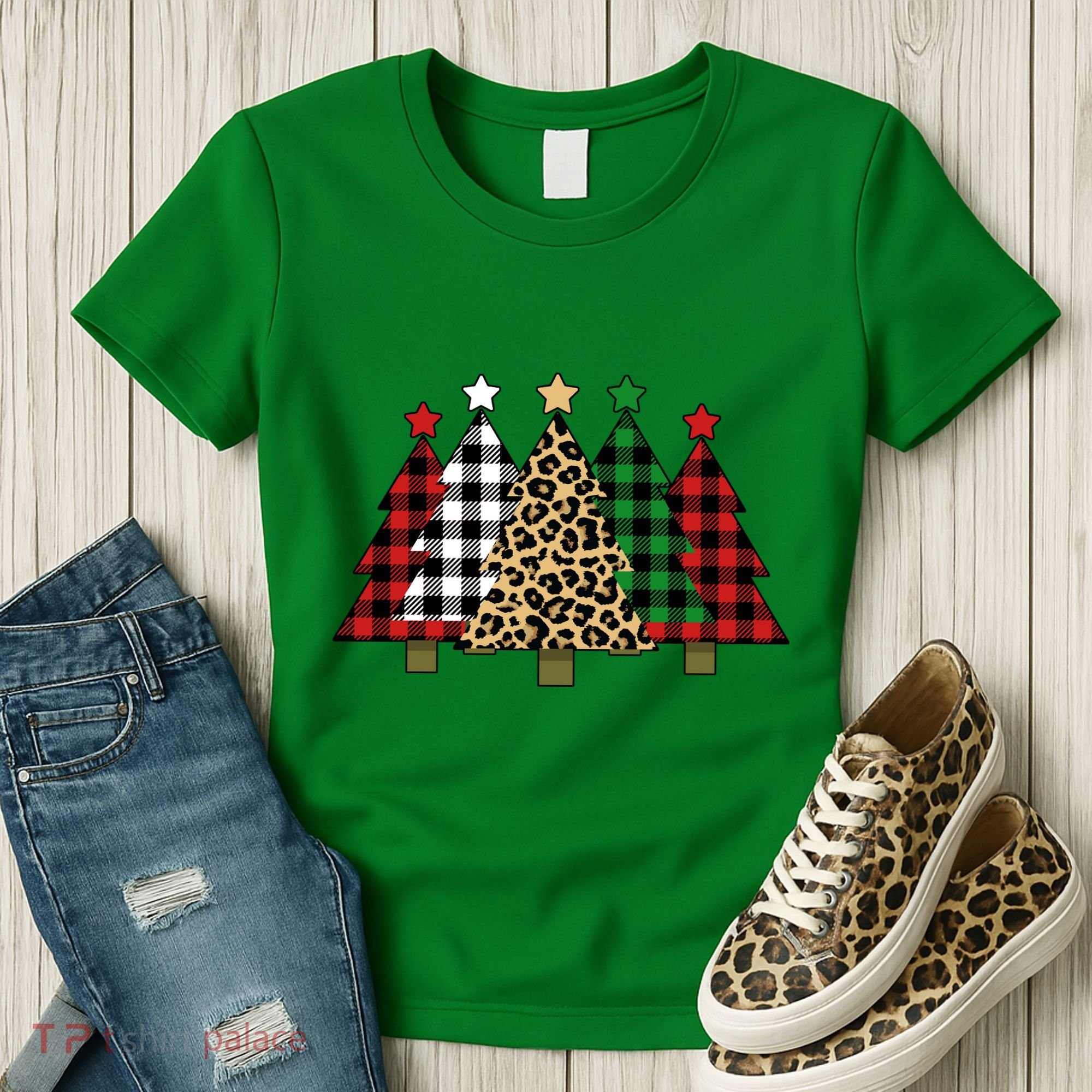 Christmas Trees Buffalo Plaid & Leopard Design Women's T-Shirt